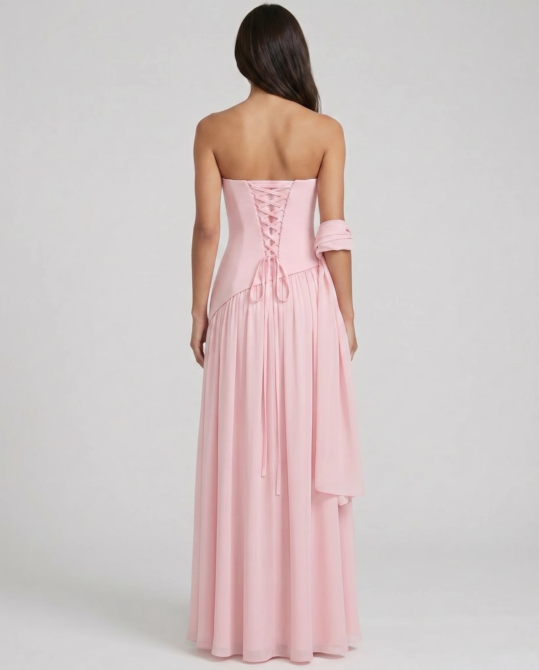 Robe longue bustier asymetrique rose poudre, echarpe chiffon assortie (vue dos lacÃ© corsetÃ©)