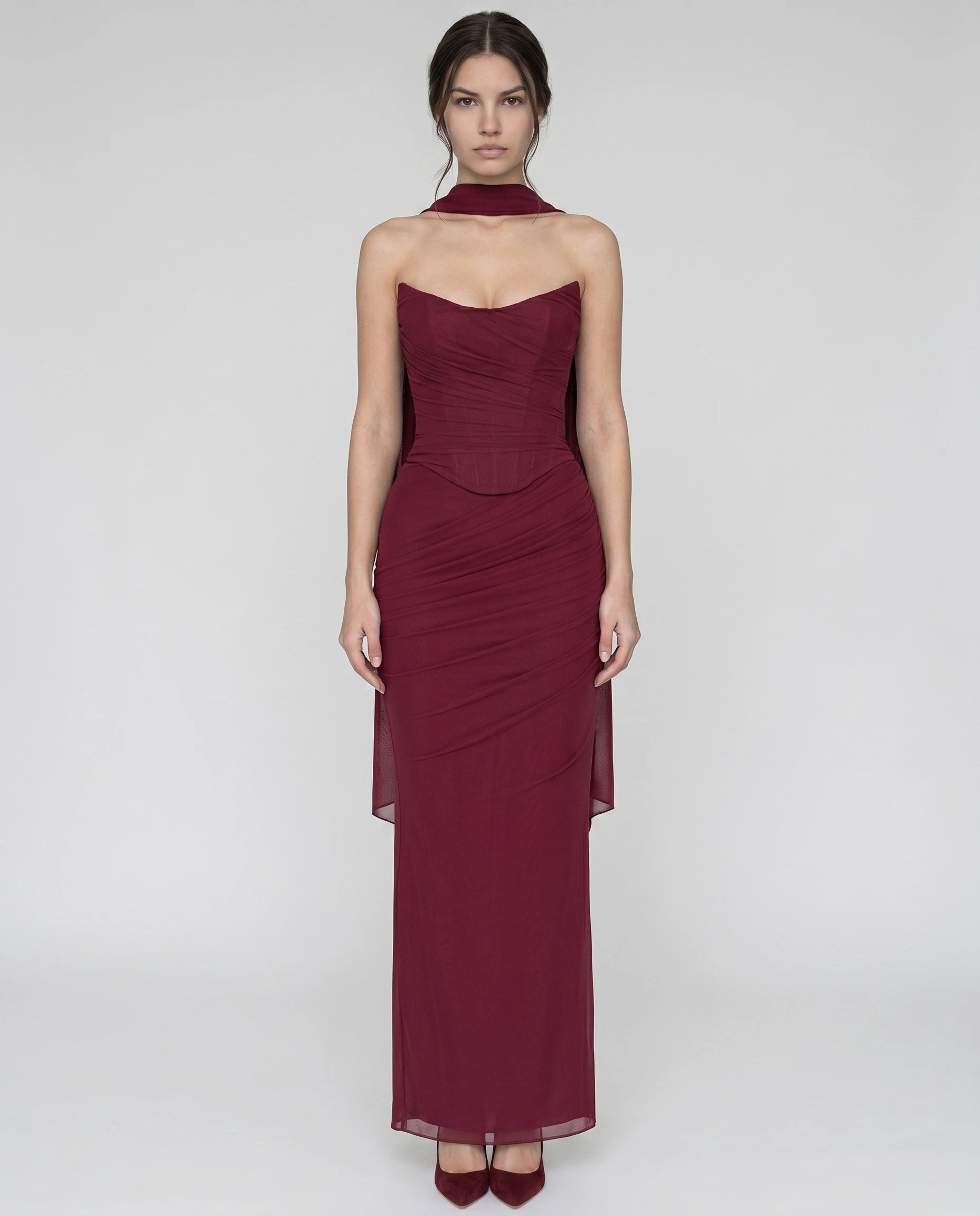 Robe longue corset en mesh bordeaux - Octavie