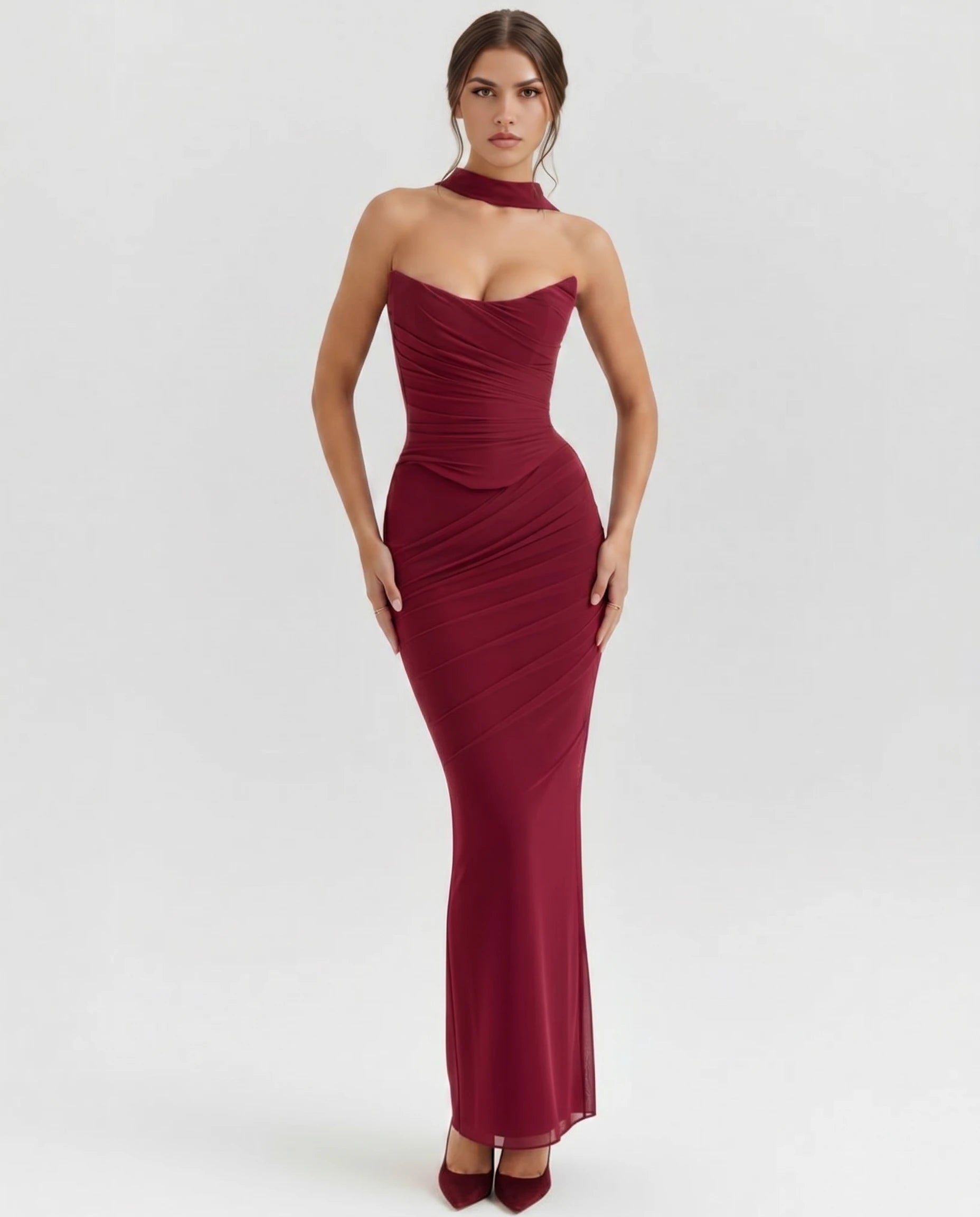 Robe longue corset en mesh bordeaux - Octavie