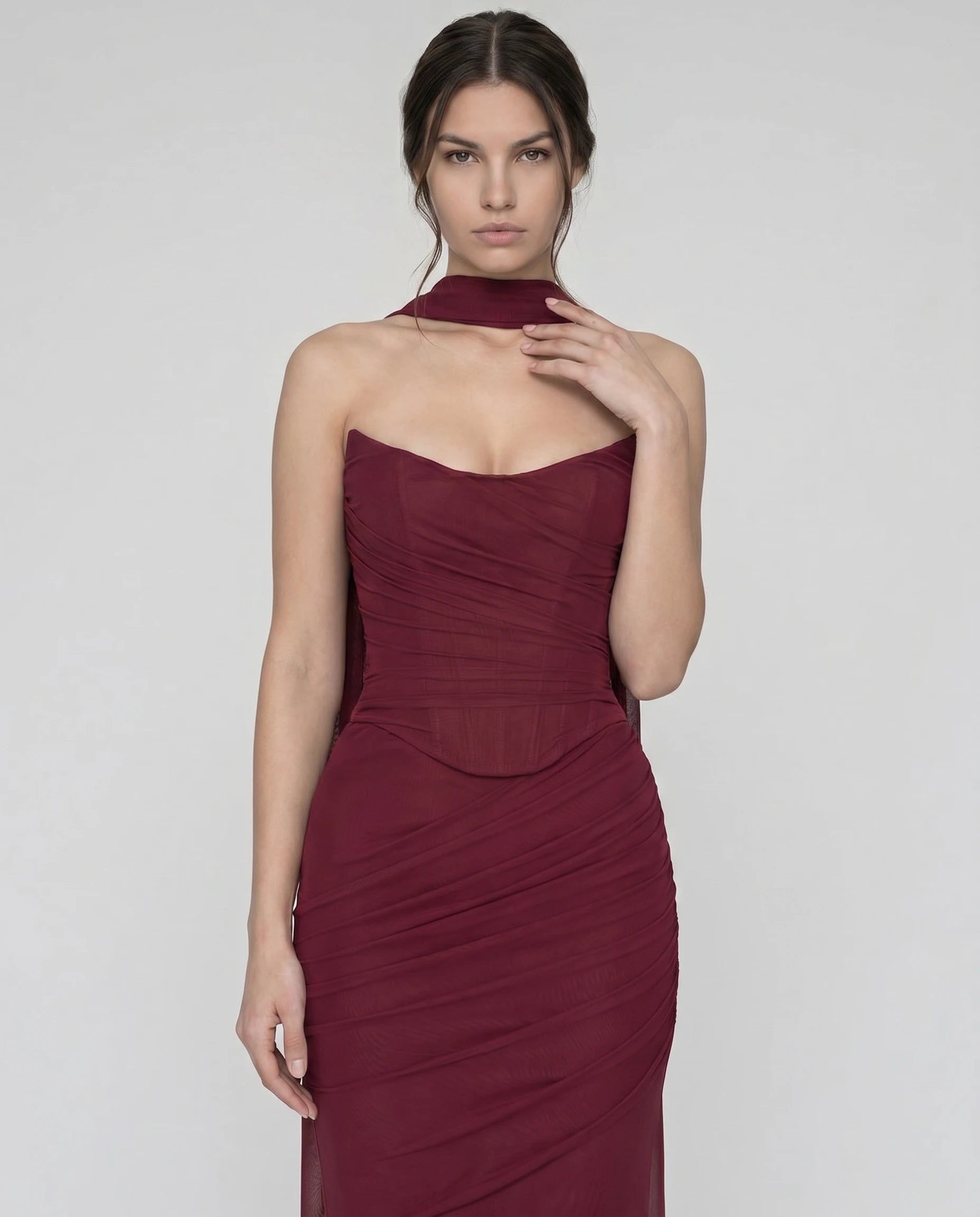 Robe longue corset en mesh bordeaux - Octavie
