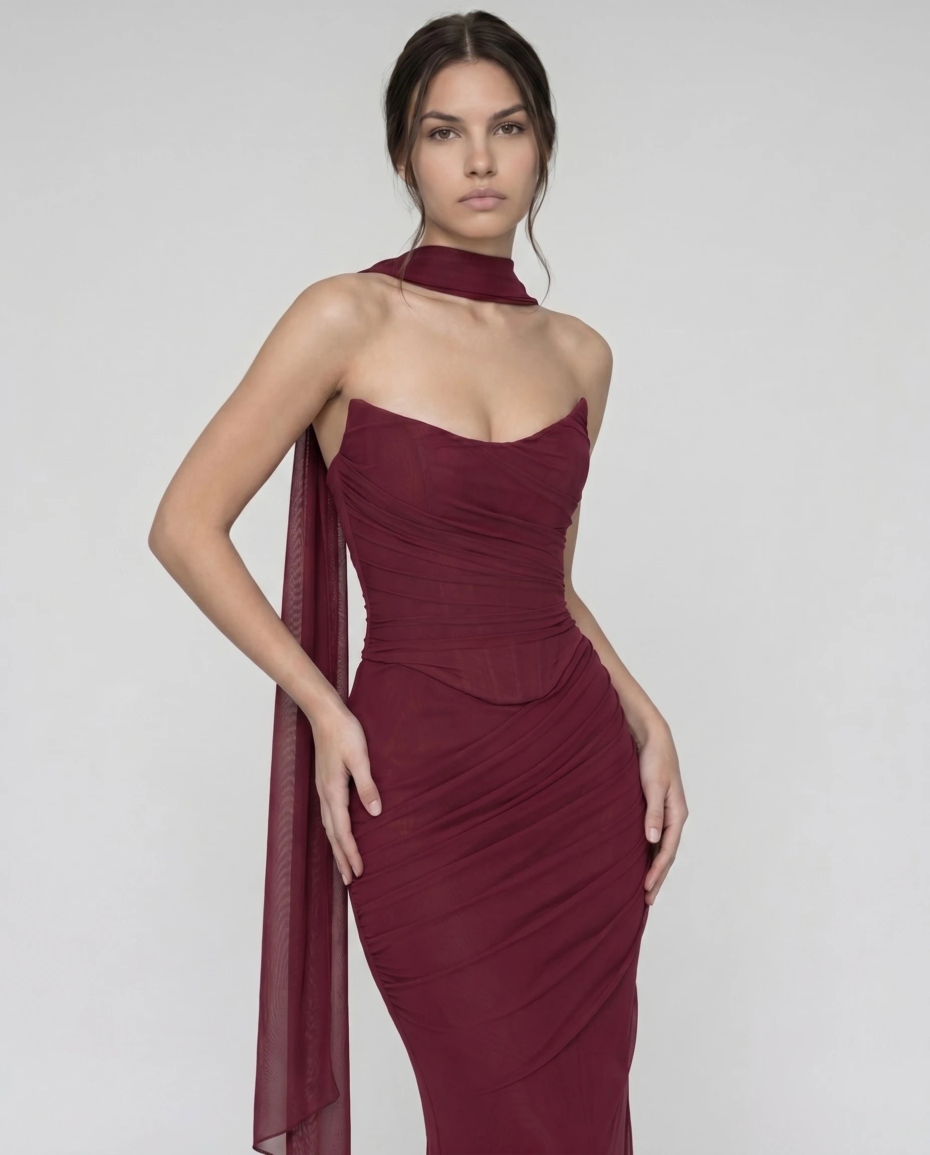 Robe longue corset en mesh bordeaux - Octavie
