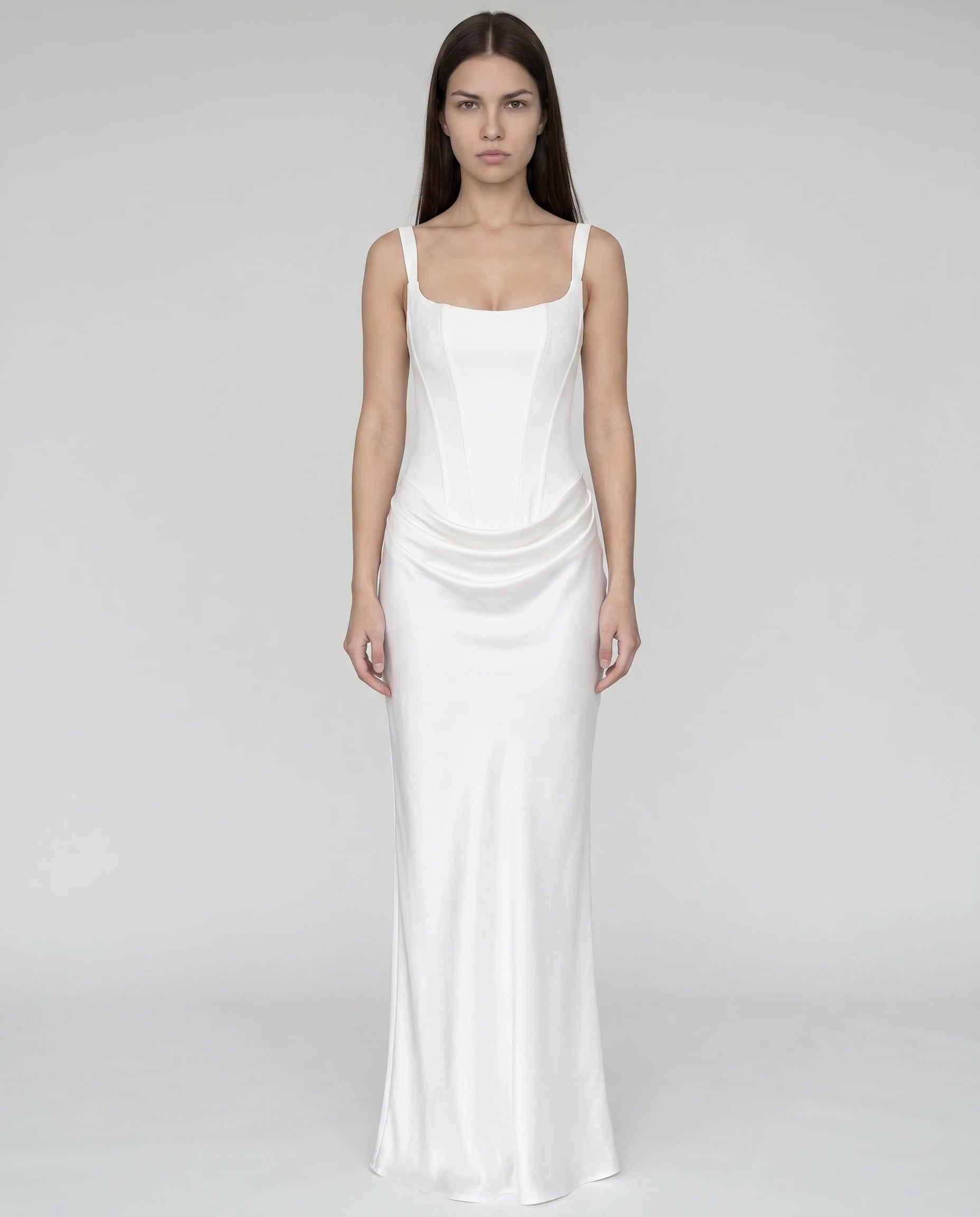 Robe longue corset blanche en satin pour mariage civil et cÃ©rÃ©monie (vue frontale studio)
