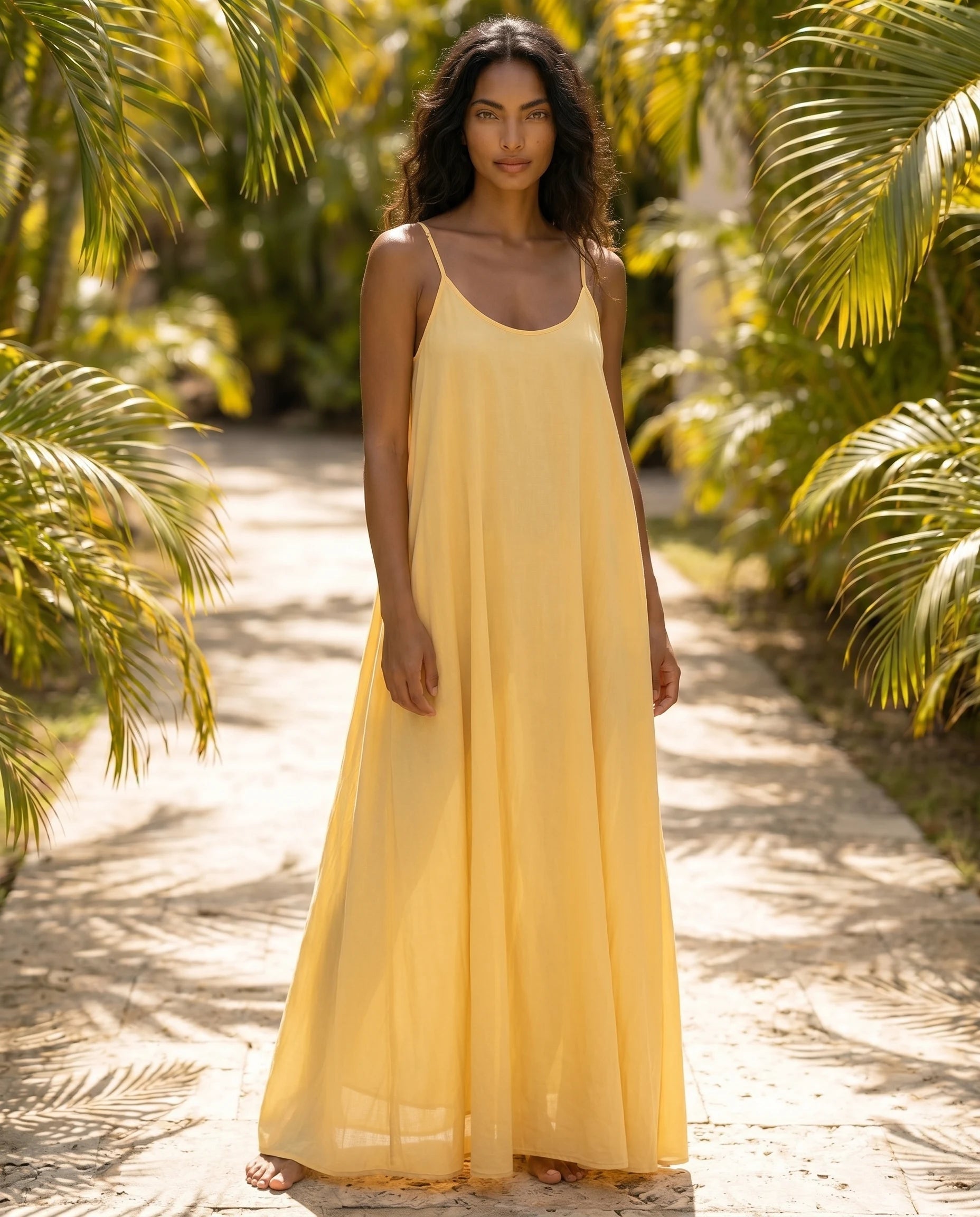 Robe longue trapèze dos nu jaune printemps Zolena, plein pied face