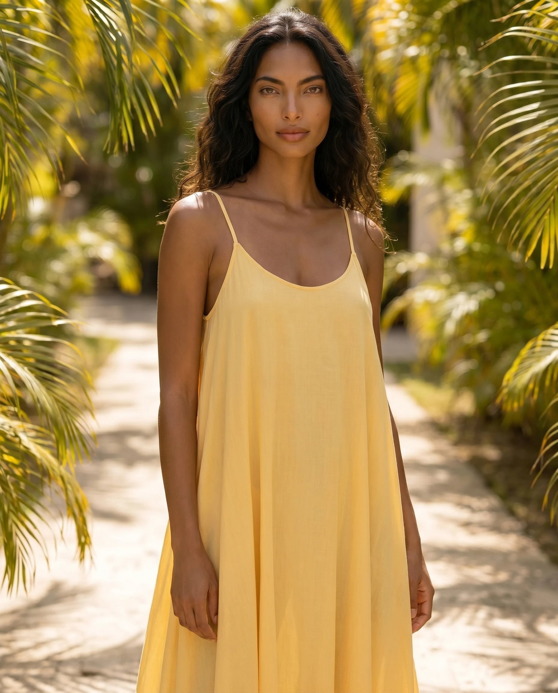 Robe longue trapèze dos nu jaune printemps Zolena, buste de face, decollete