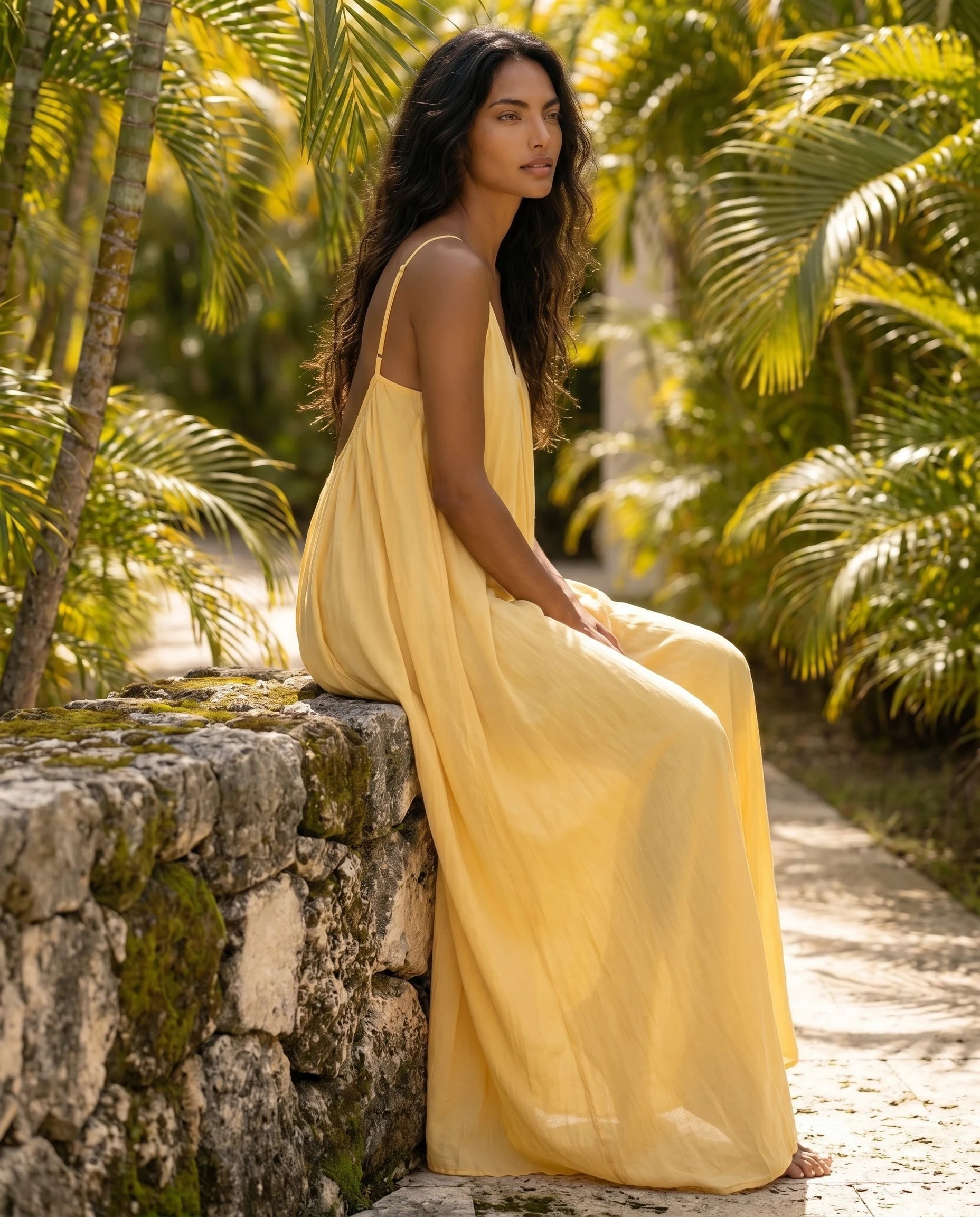Robe longue trapèze dos nu jaune printemps Zolena, lifestyle assise