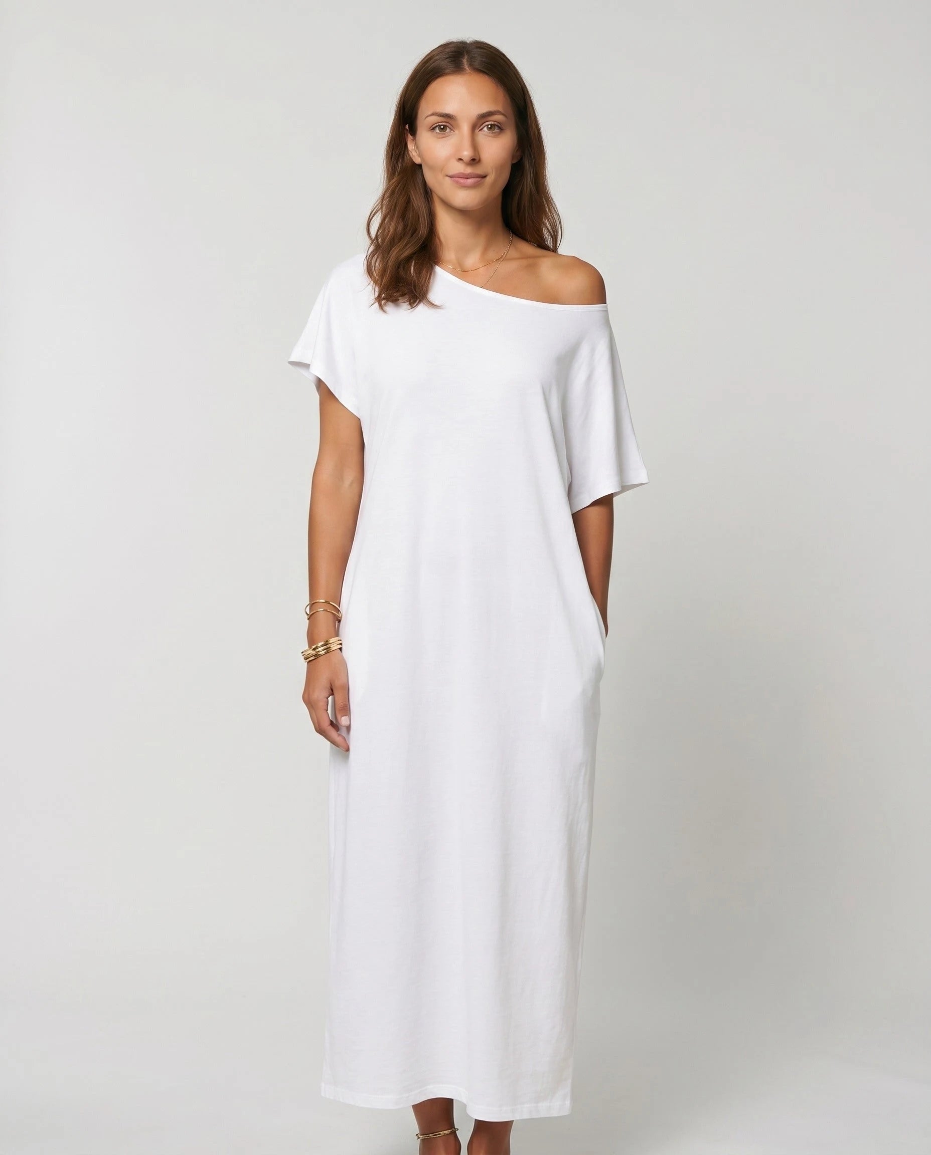 Robe longue ample en jersey - Blanc - vue 1