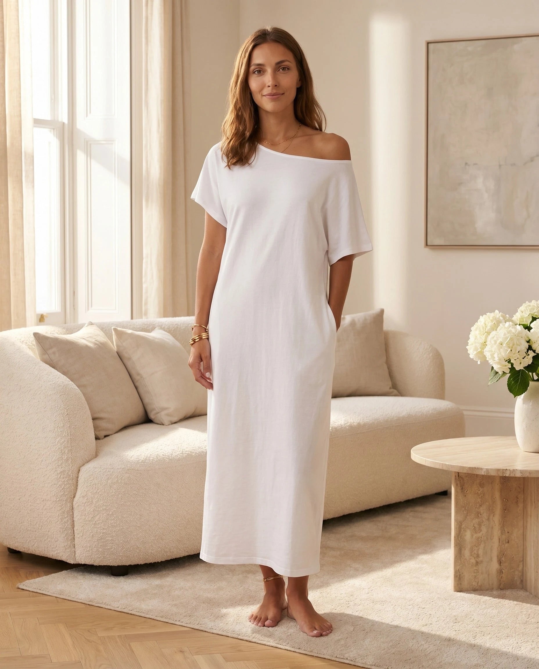 Robe longue ample en jersey - Blanc - vue 4