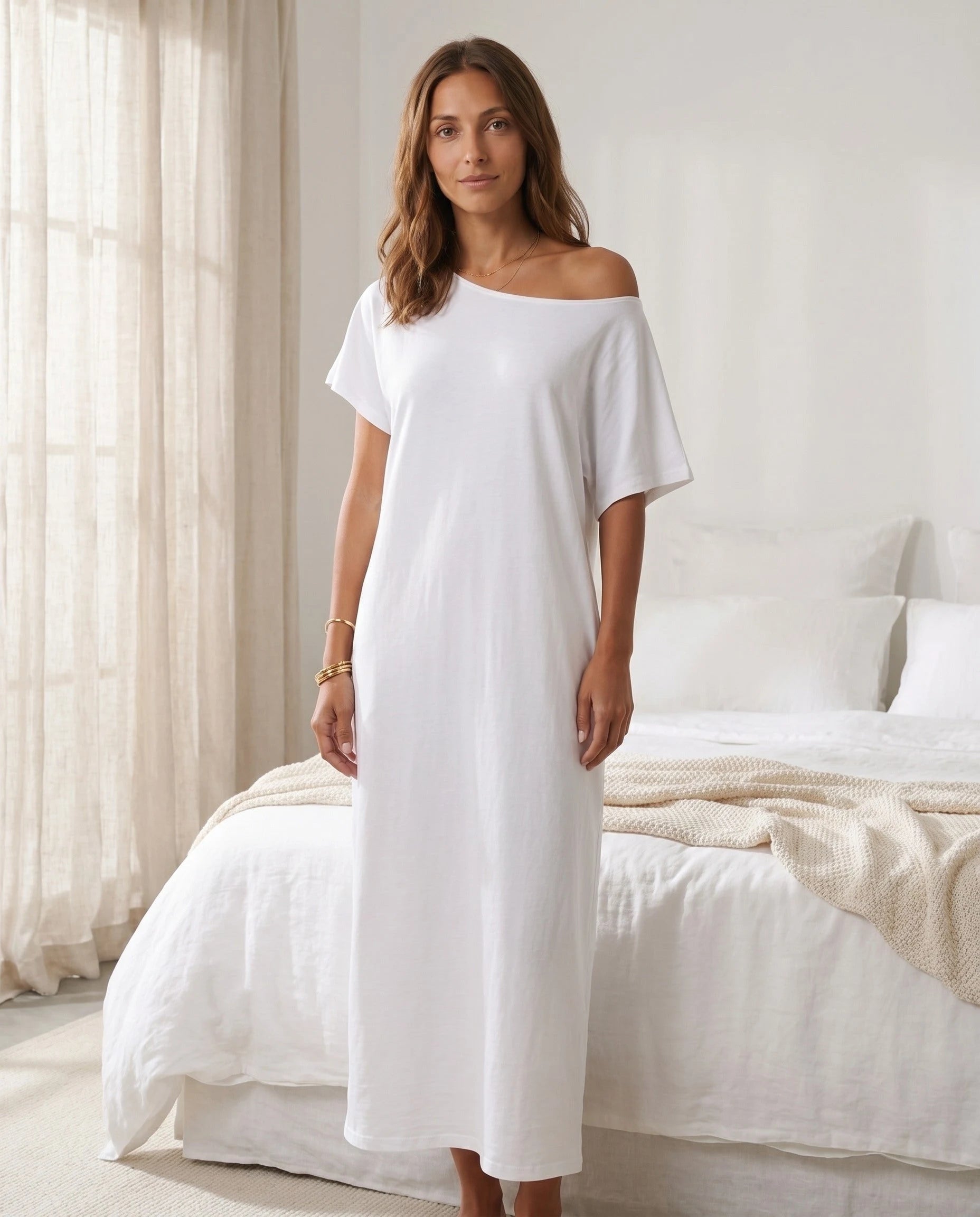 Robe longue ample en jersey - Blanc - vue 5