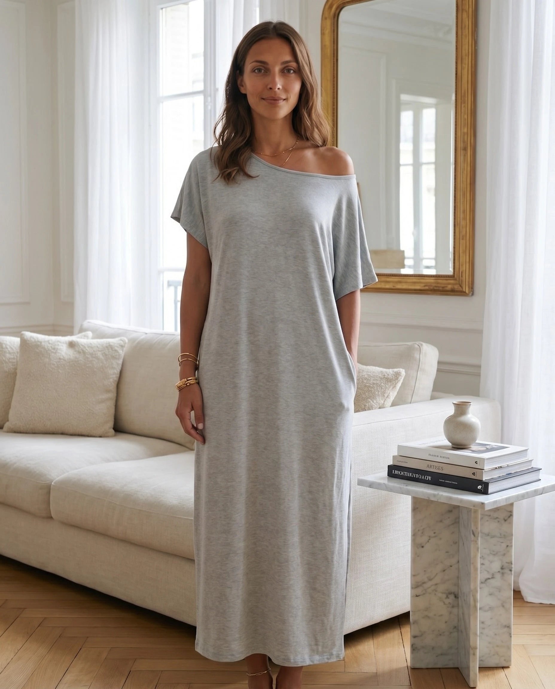 Robe longue ample en jersey - Gris Perle - vue 4