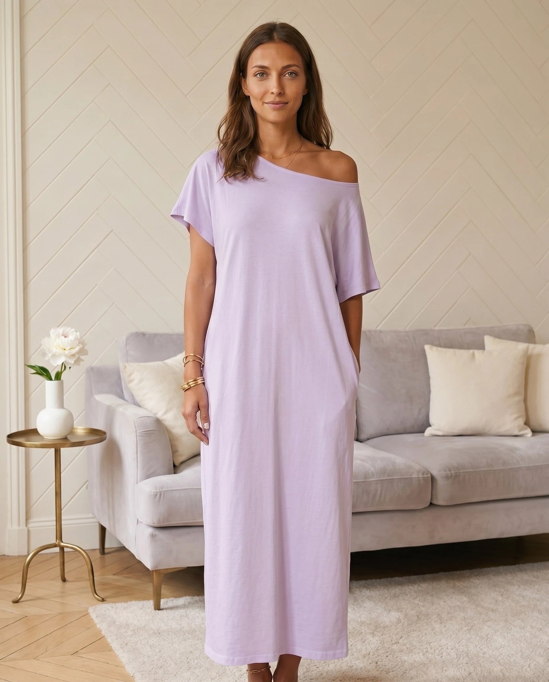 Robe longue ample en jersey - Lavande - vue 4