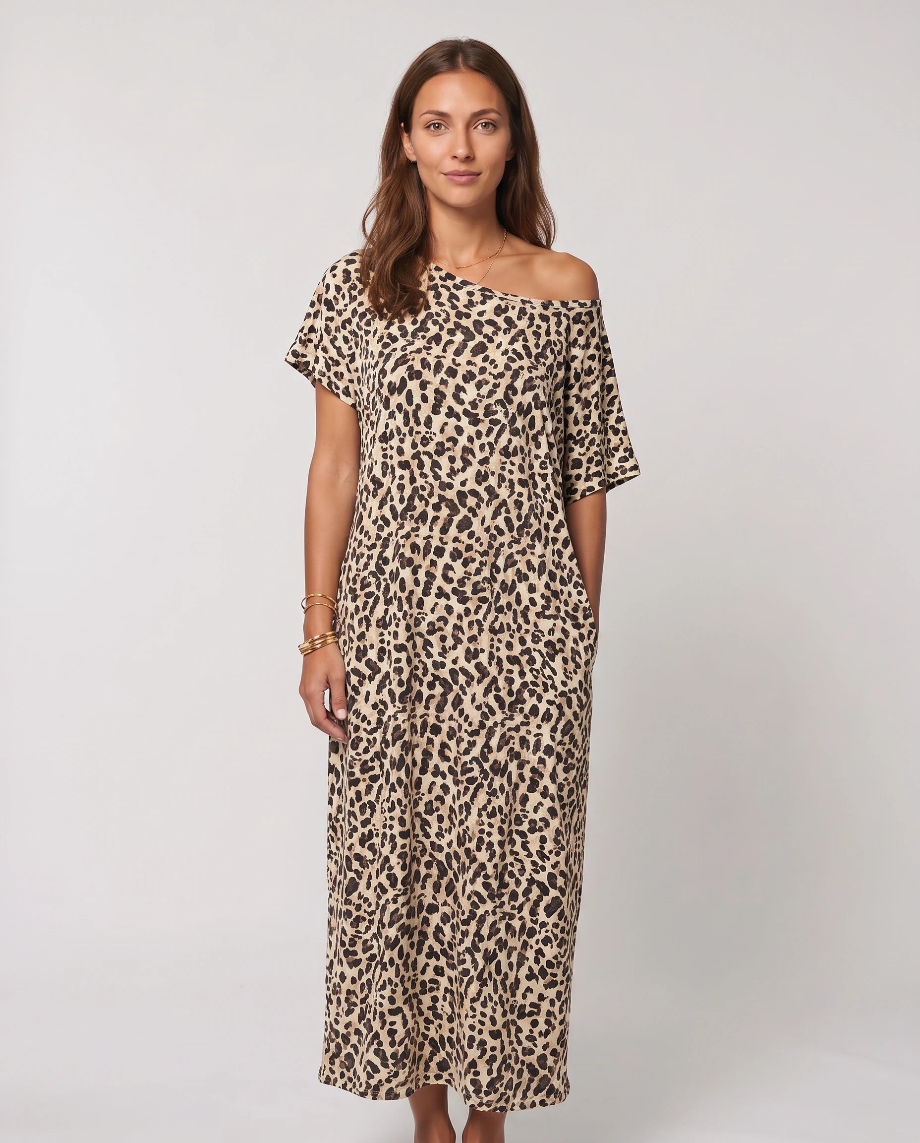 Robe longue ample en jersey - Léopard - vue 1