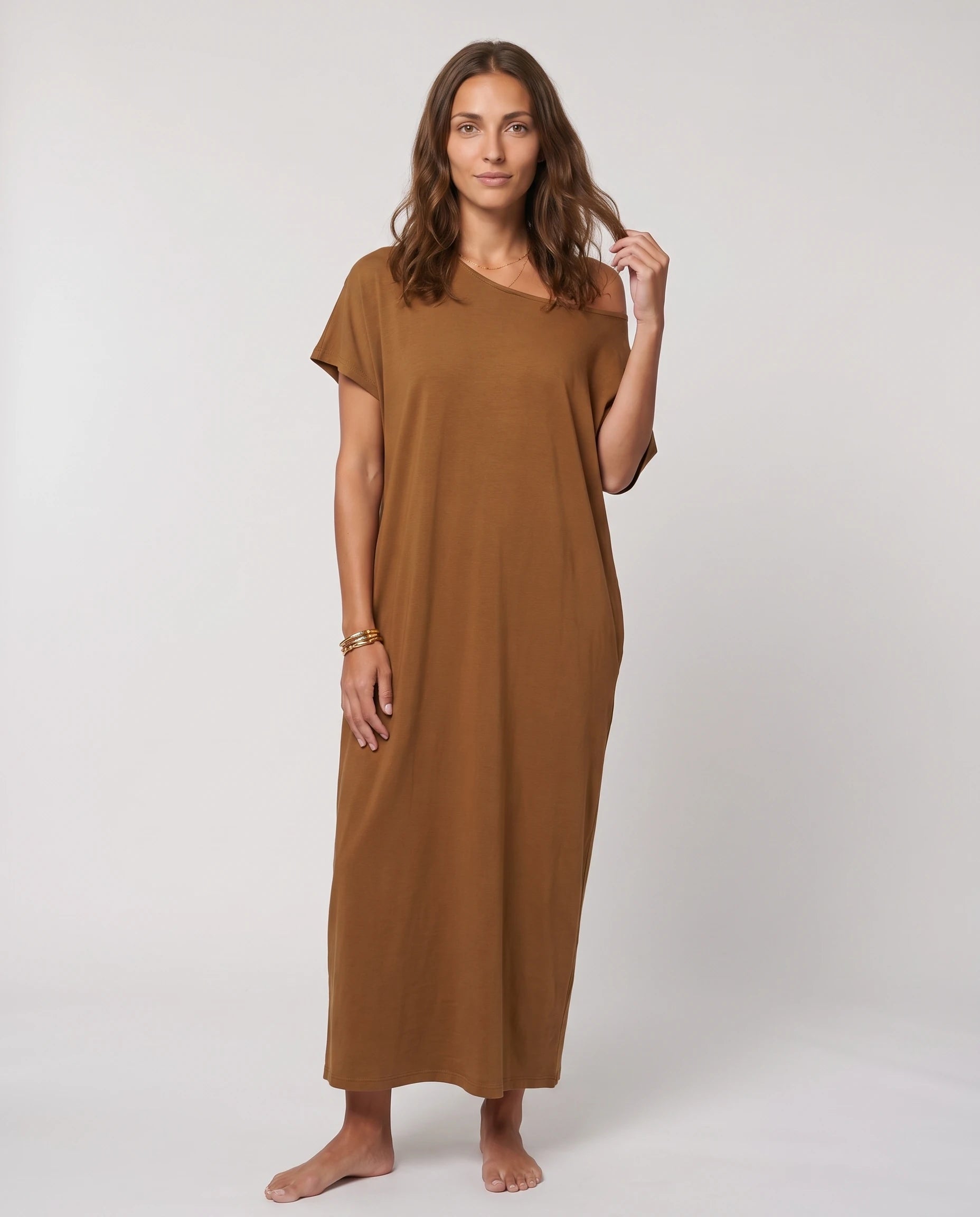 Robe longue ample en jersey - Marron Caramel - vue 1