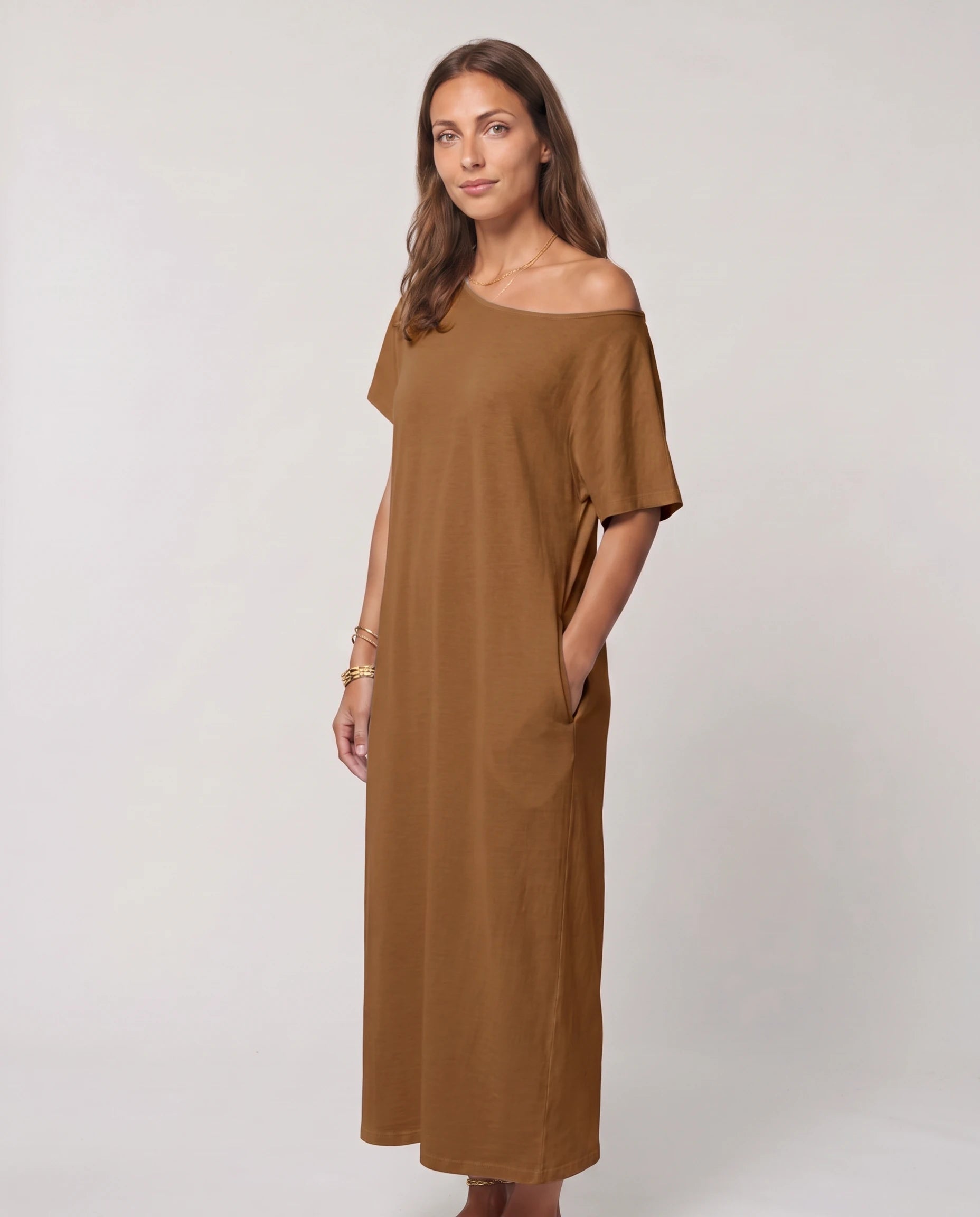 Robe longue ample en jersey - Marron Caramel - vue 3