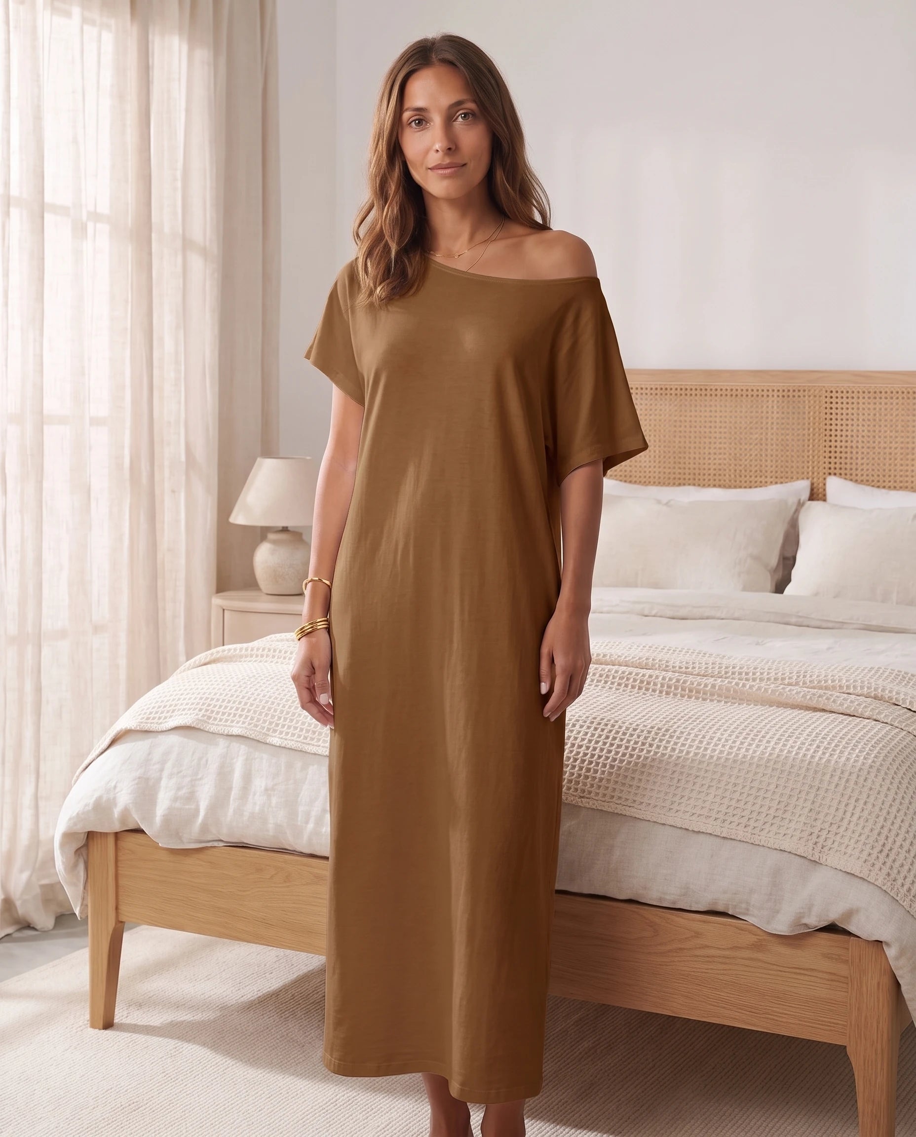 Robe longue ample en jersey - Marron Caramel - vue 5