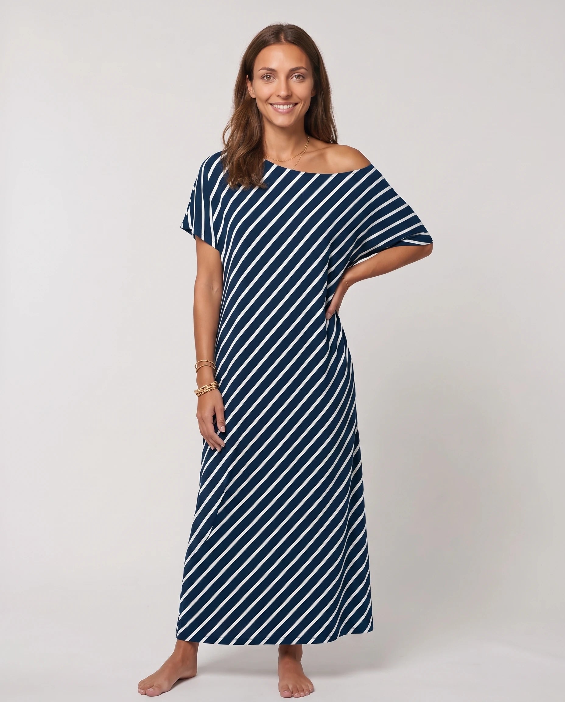 Robe longue ample en jersey - Rayé Marine - vue 1