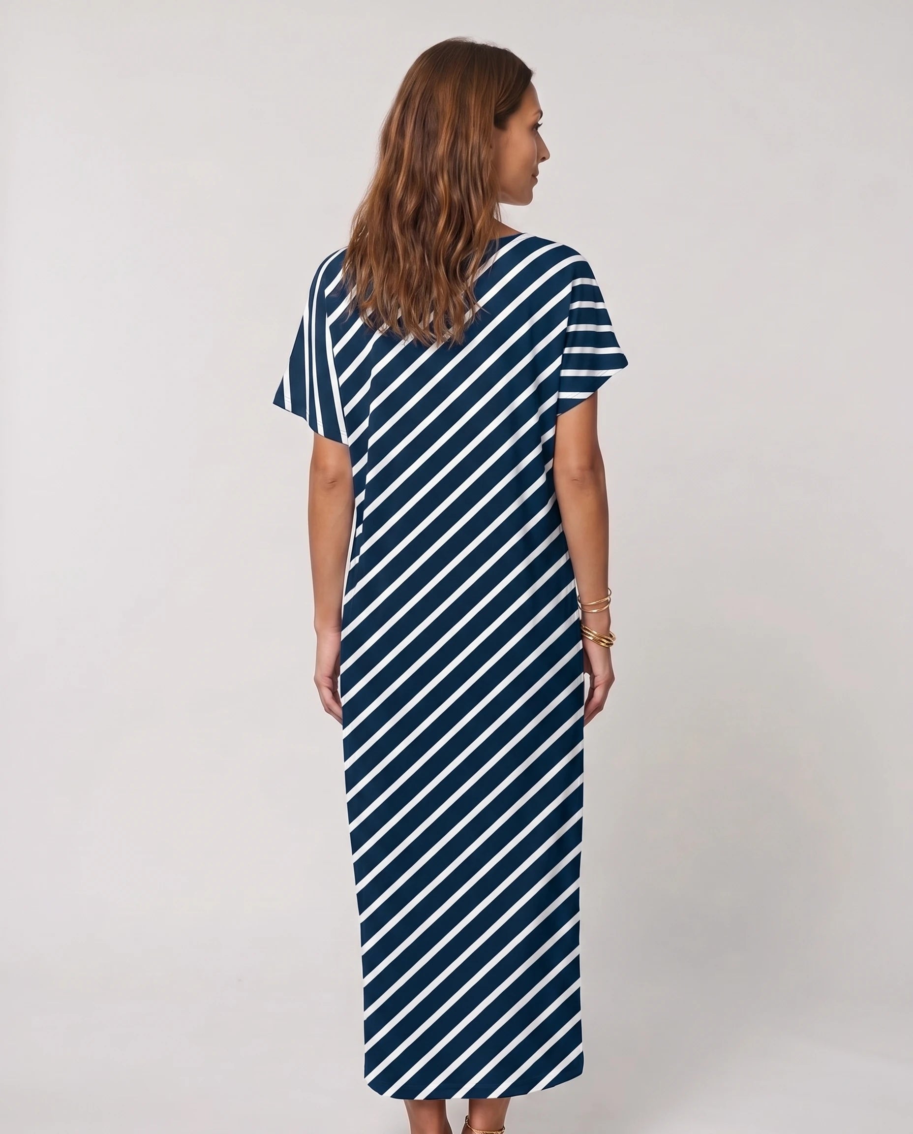 Robe longue ample en jersey - Rayé Marine - vue 2