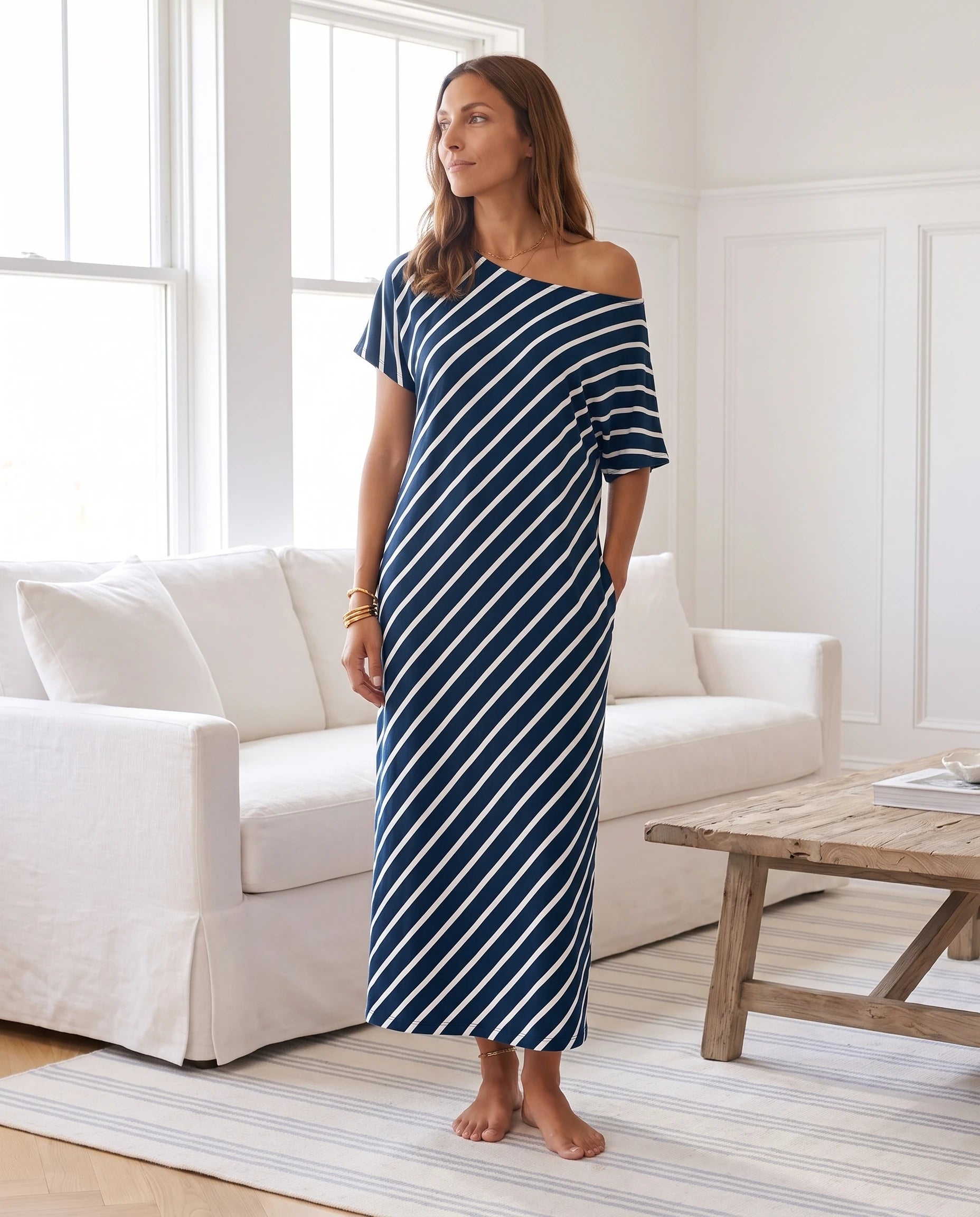 Robe longue ample en jersey - Rayé Marine - vue 4