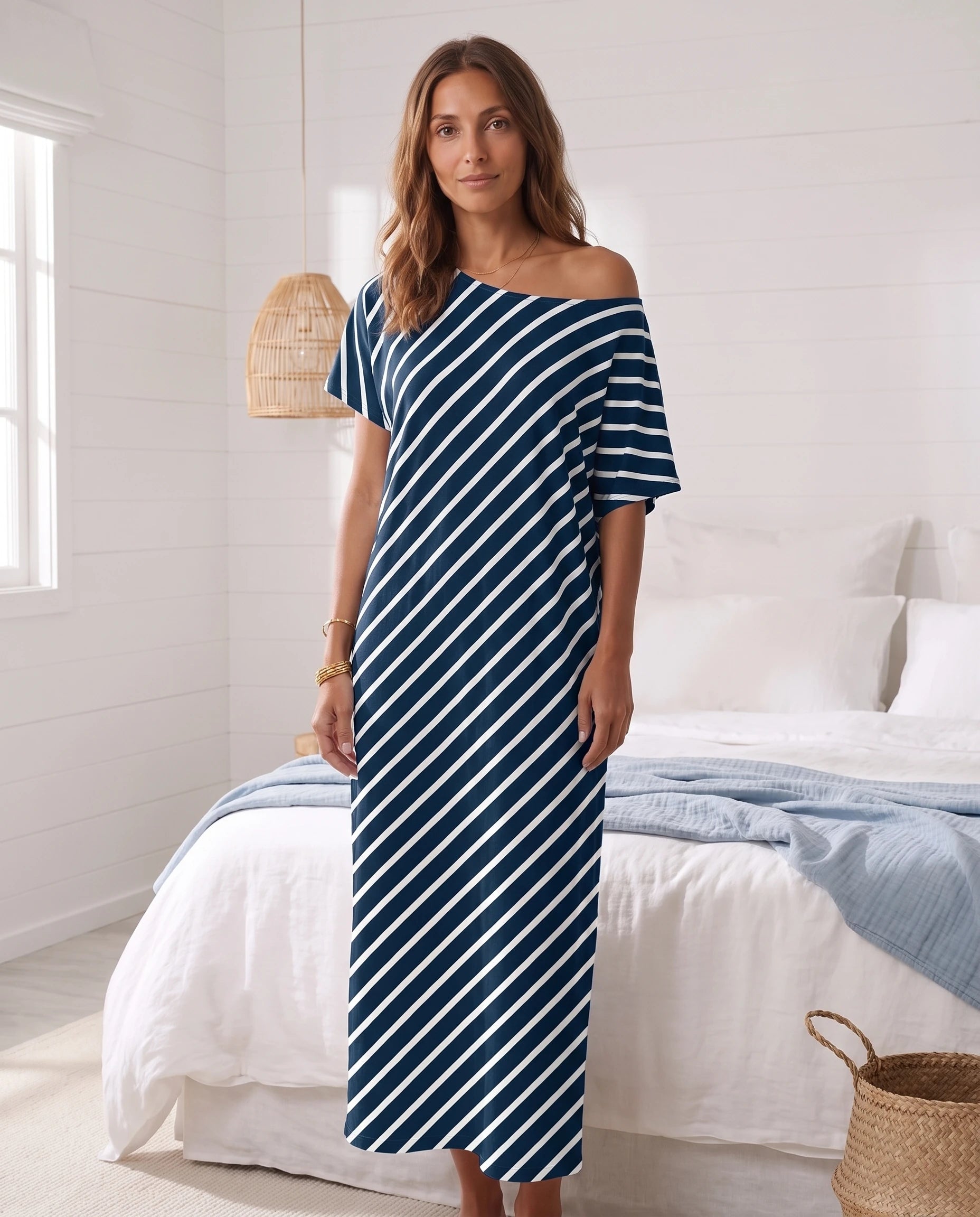 Robe longue ample en jersey - Rayé Marine - vue 5