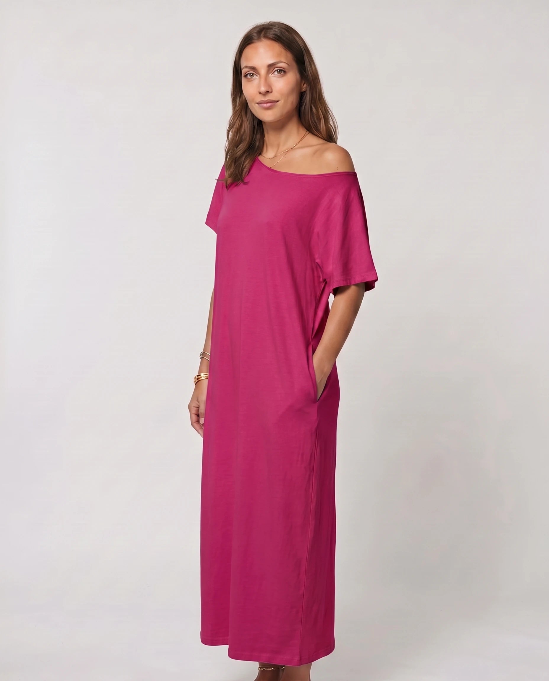 Robe longue ample en jersey - Fuchsia - vue 3