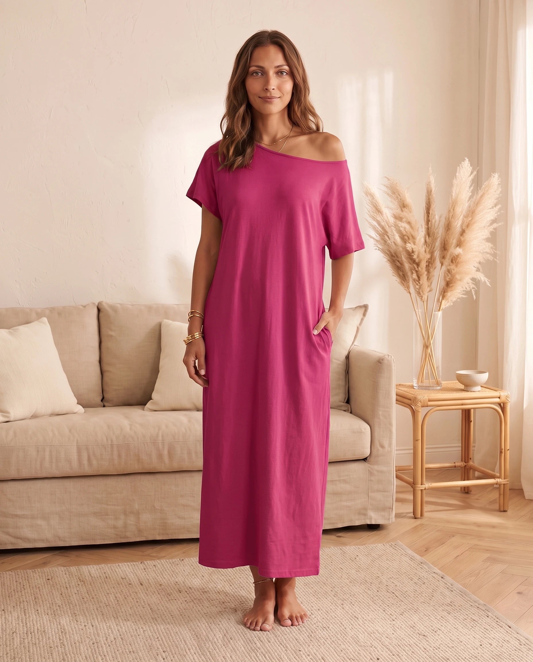Robe longue ample en jersey - Fuchsia - vue 4