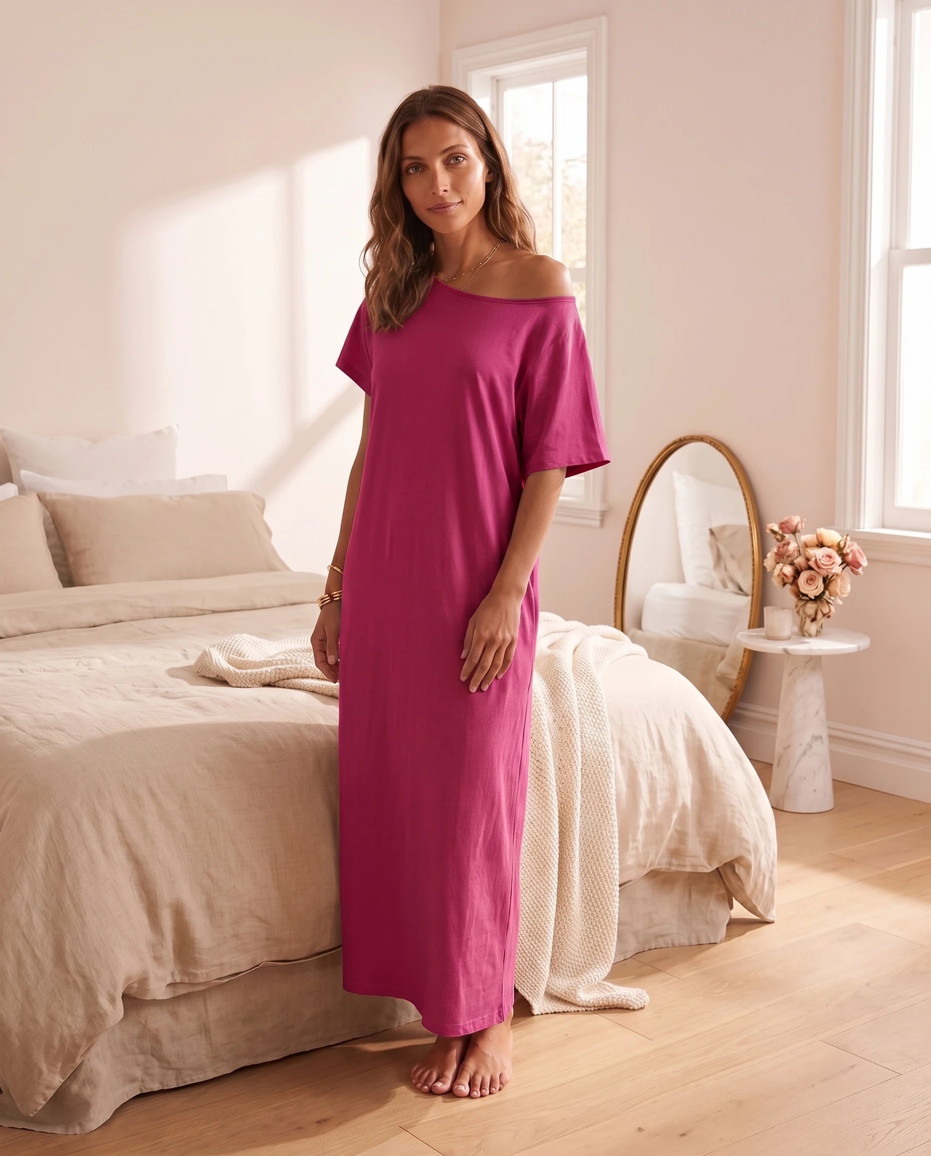 Robe longue ample en jersey - Fuchsia - vue 5