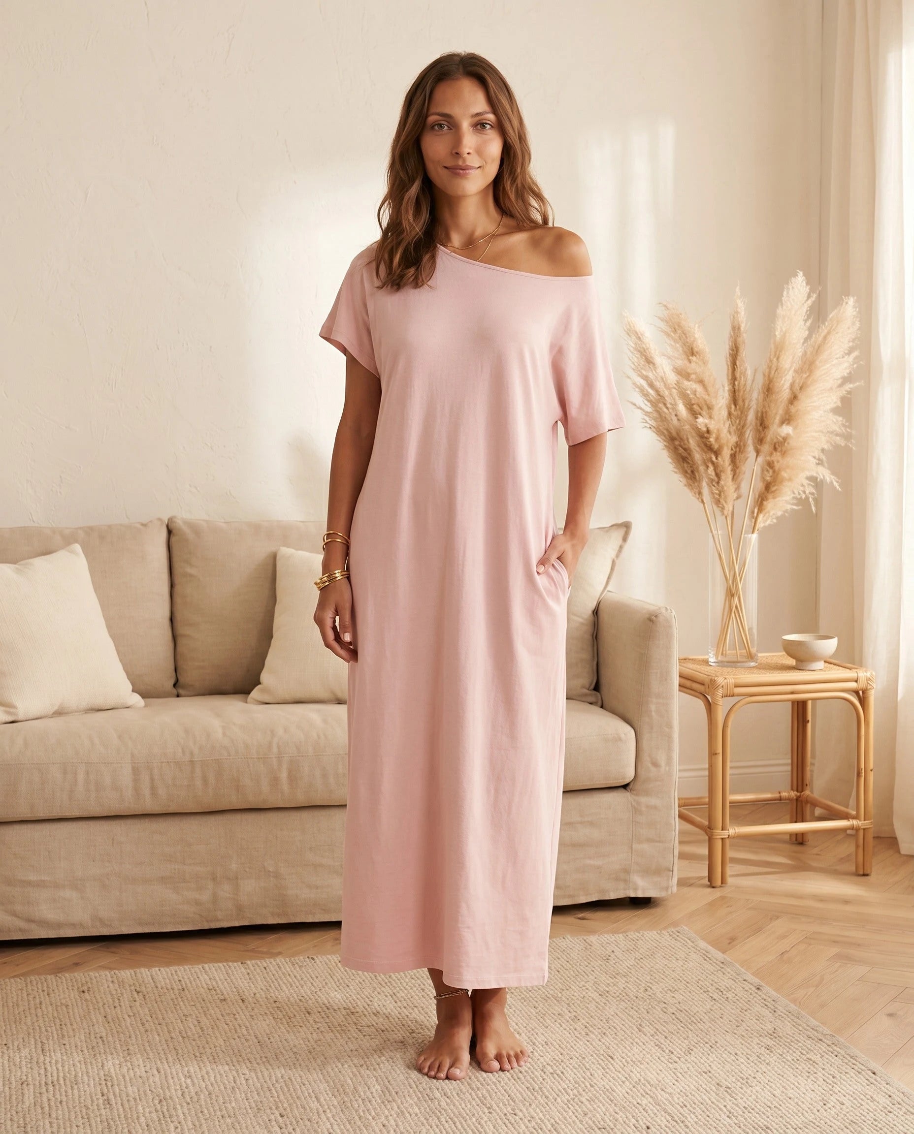 Robe longue ample en jersey - Rose Poudré - vue 4