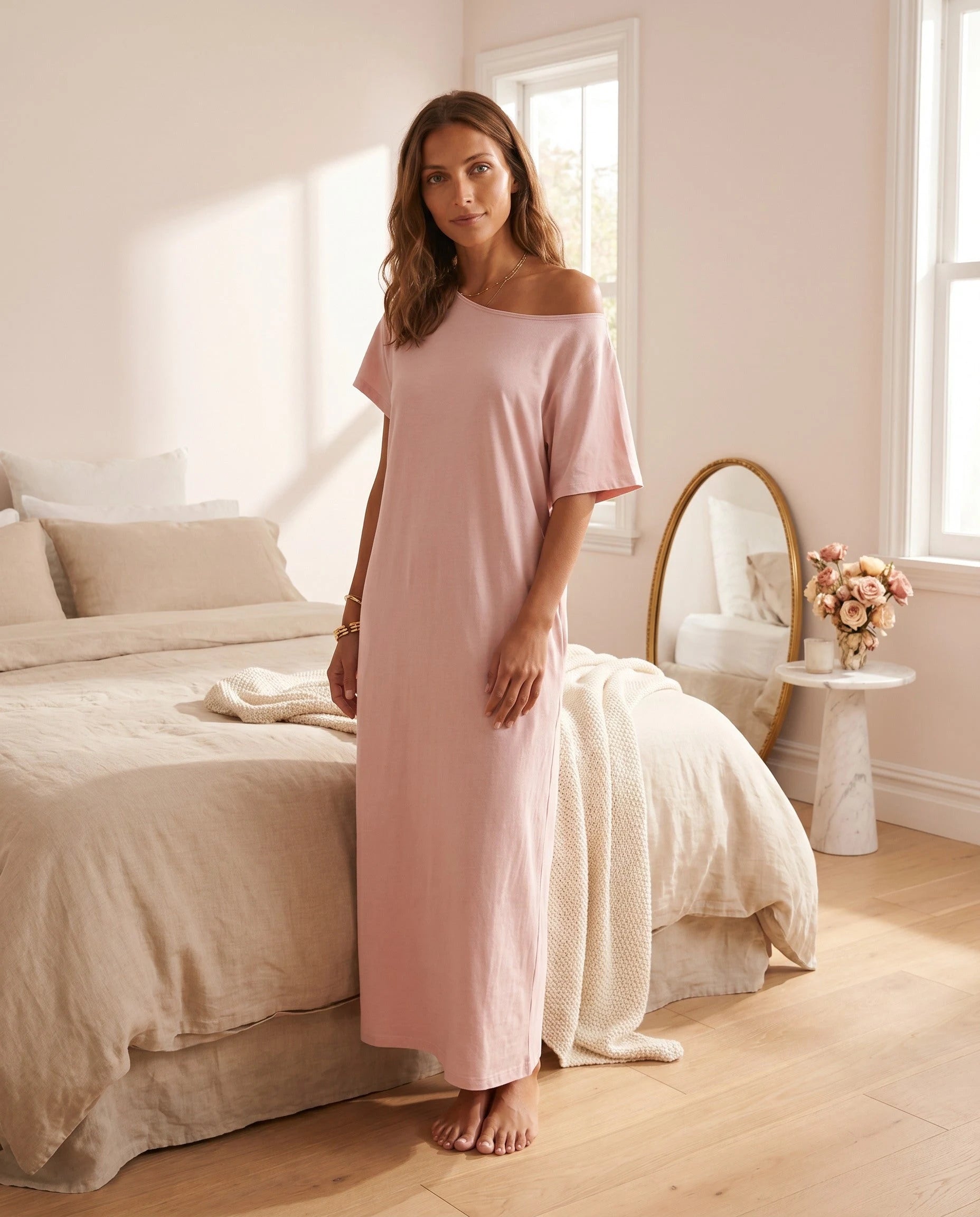 Robe longue ample en jersey - Rose Poudré - vue 5