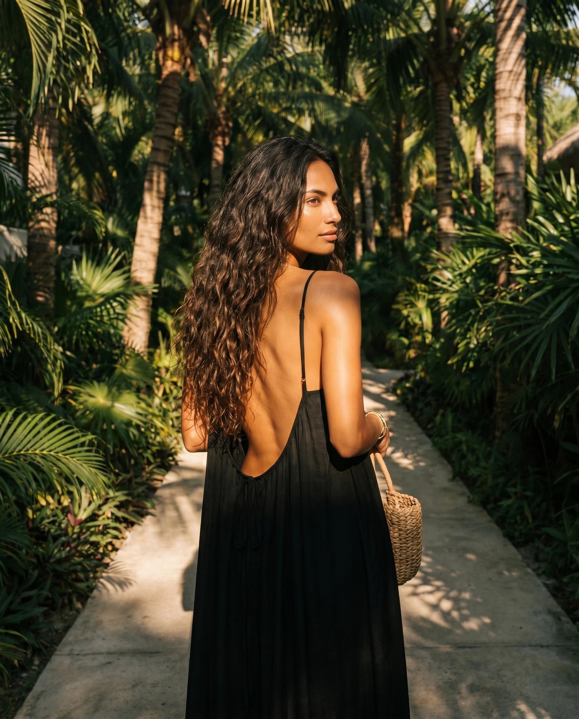 Robe longue trapèze dos nu noir Zolena, vue de dos en allee tropicale