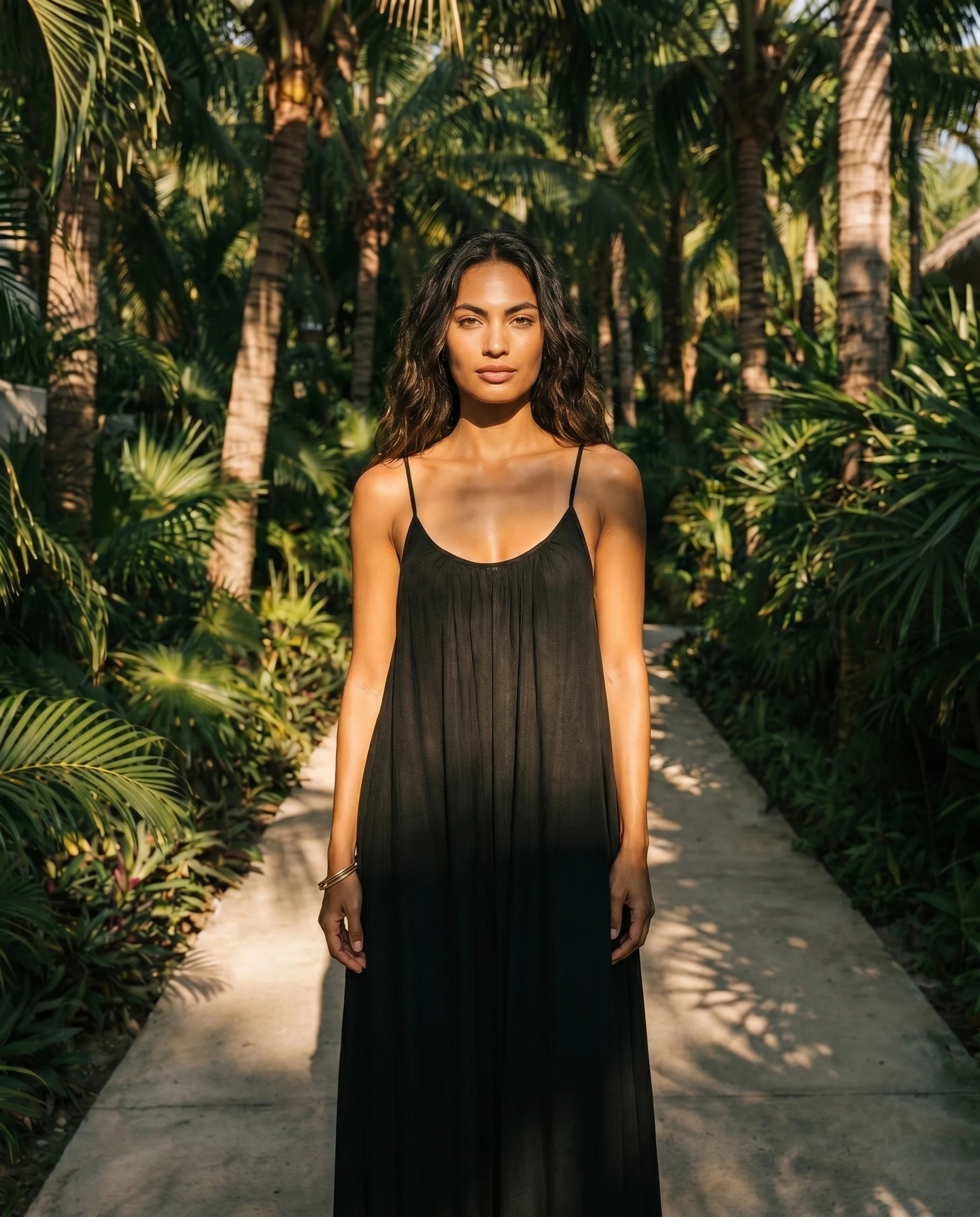 Robe longue trapèze dos nu noir Zolena, plein pied face