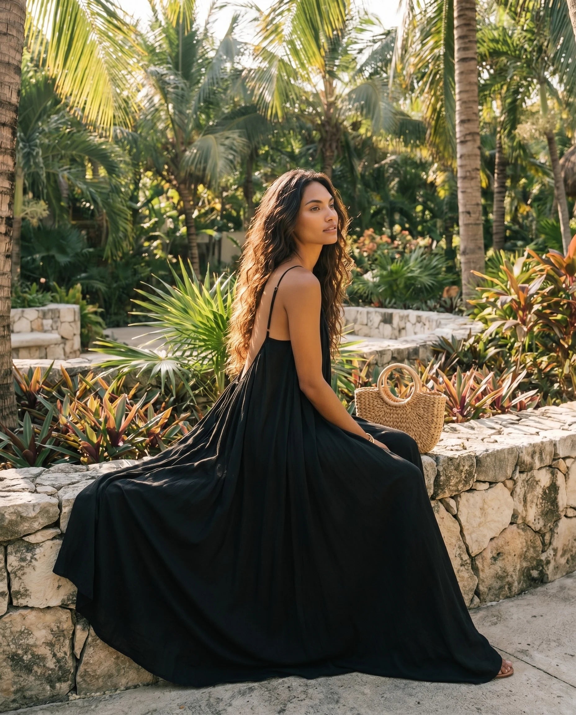 Robe longue trapèze dos nu noir Zolena, lifestyle assise