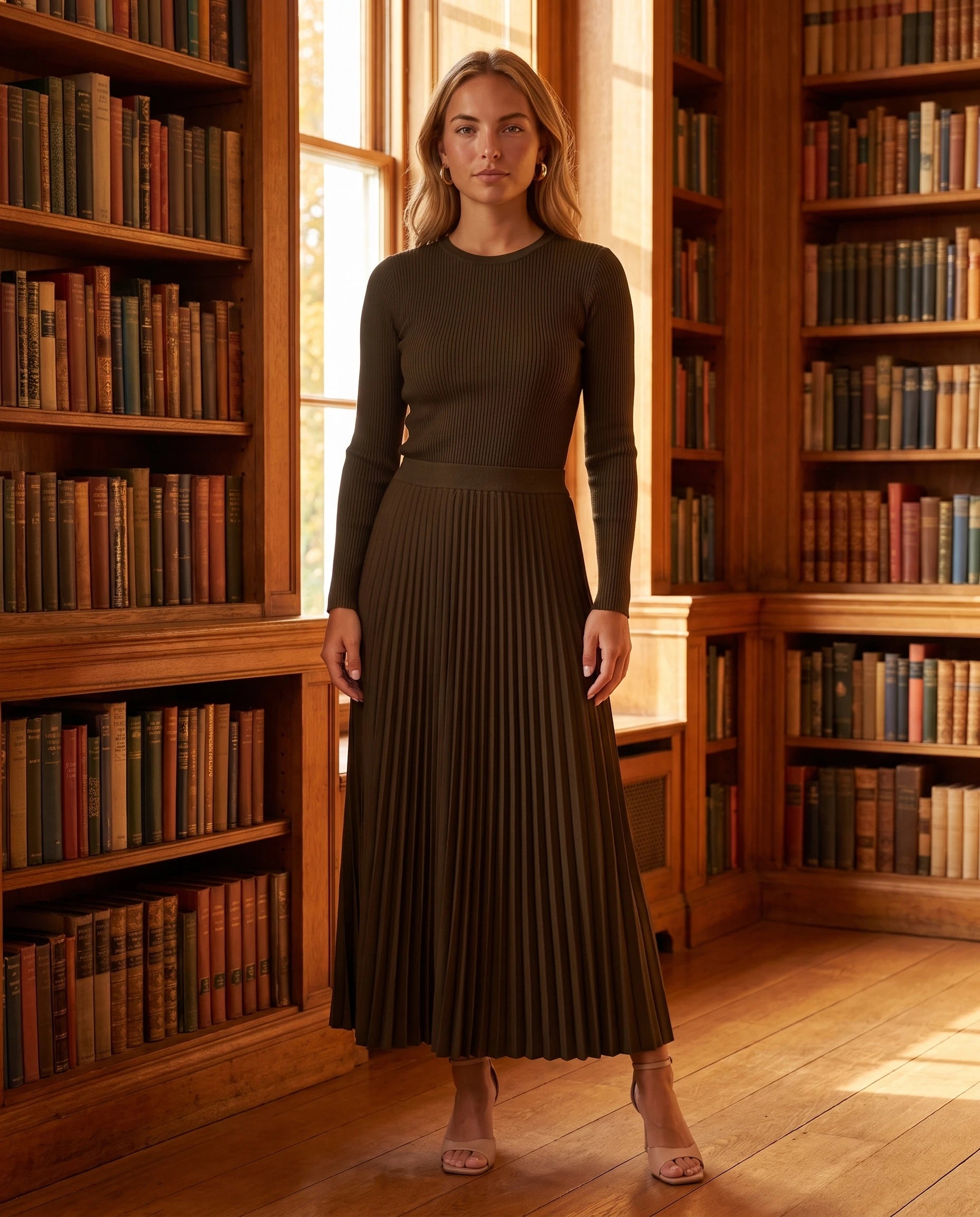 Robe longue plissée marron portée en intérieur