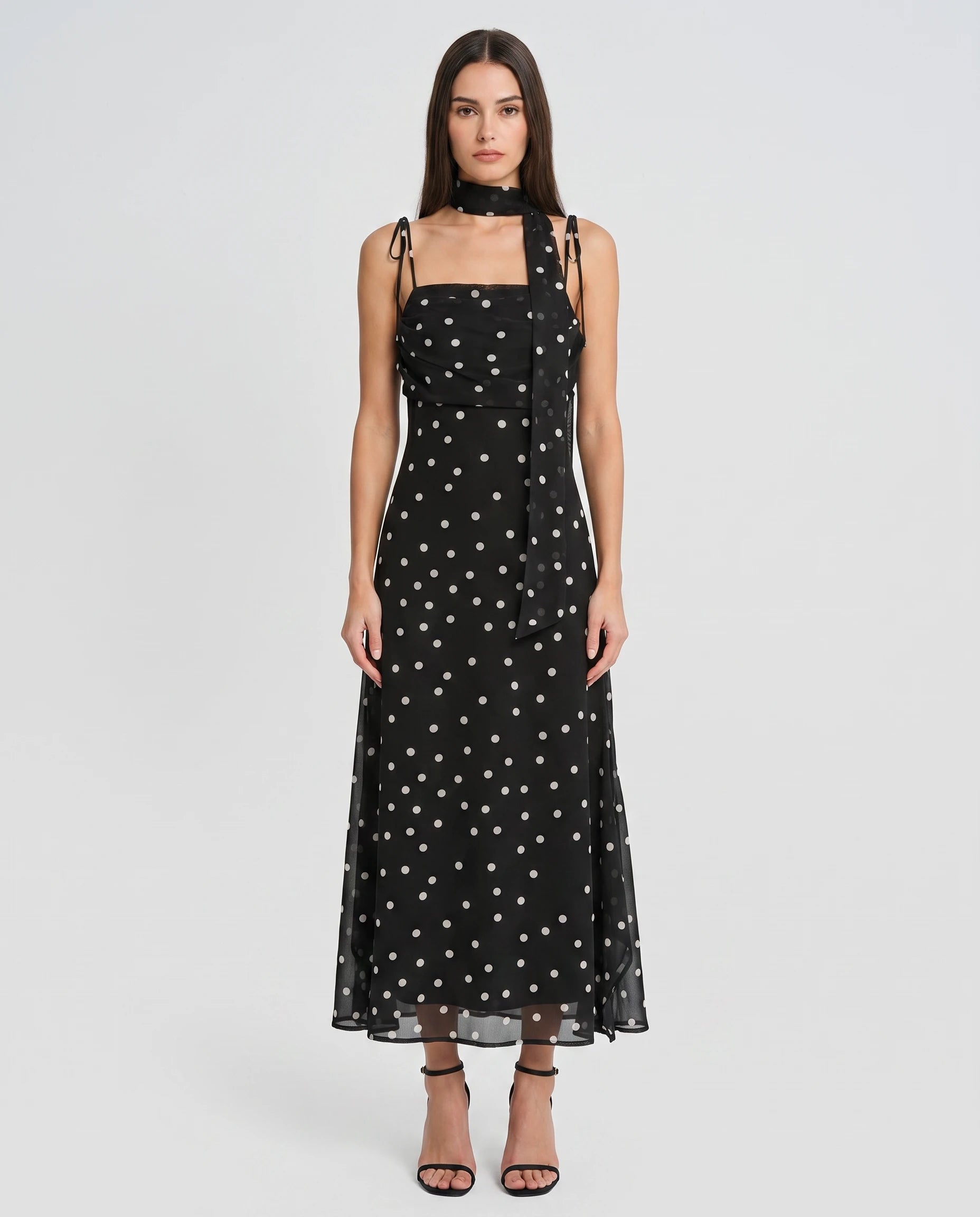 Robe longue noire a pois Leontine - chiffon vintage