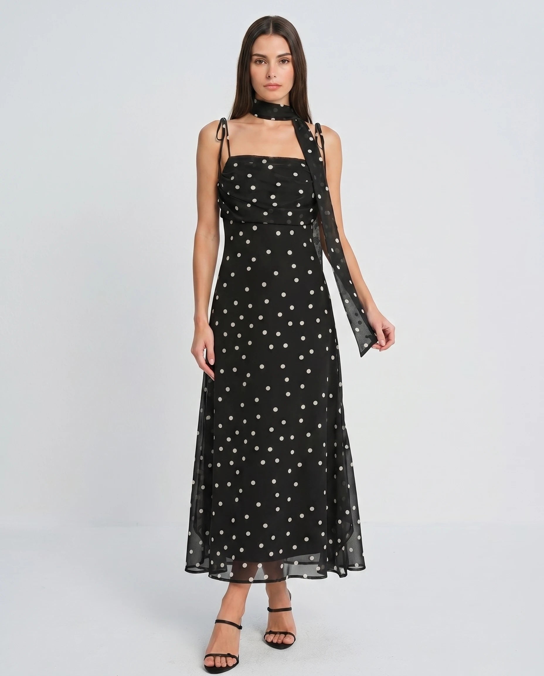 Robe longue noire a pois Leontine - chiffon vintage