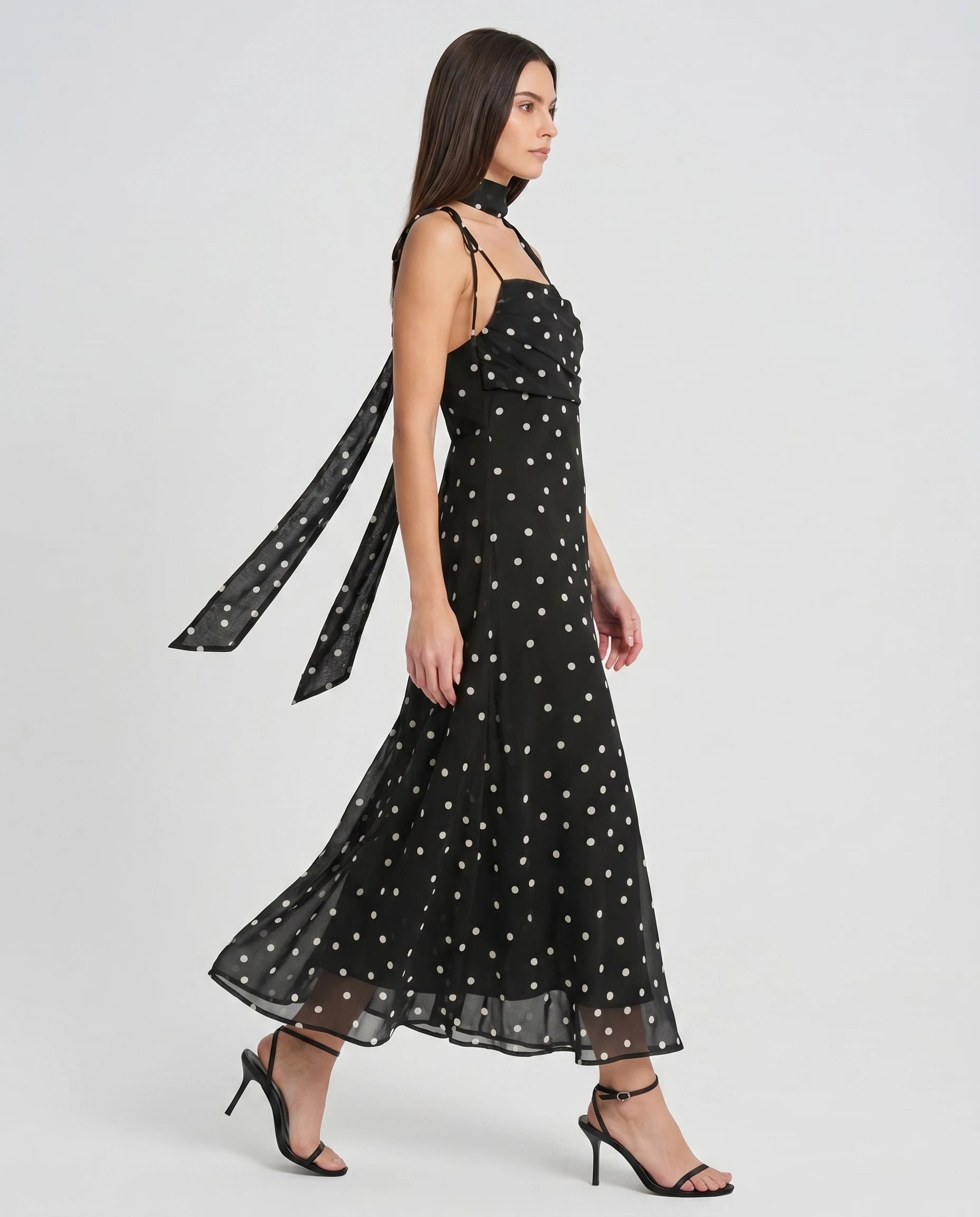 Robe longue noire a pois Leontine - chiffon vintage