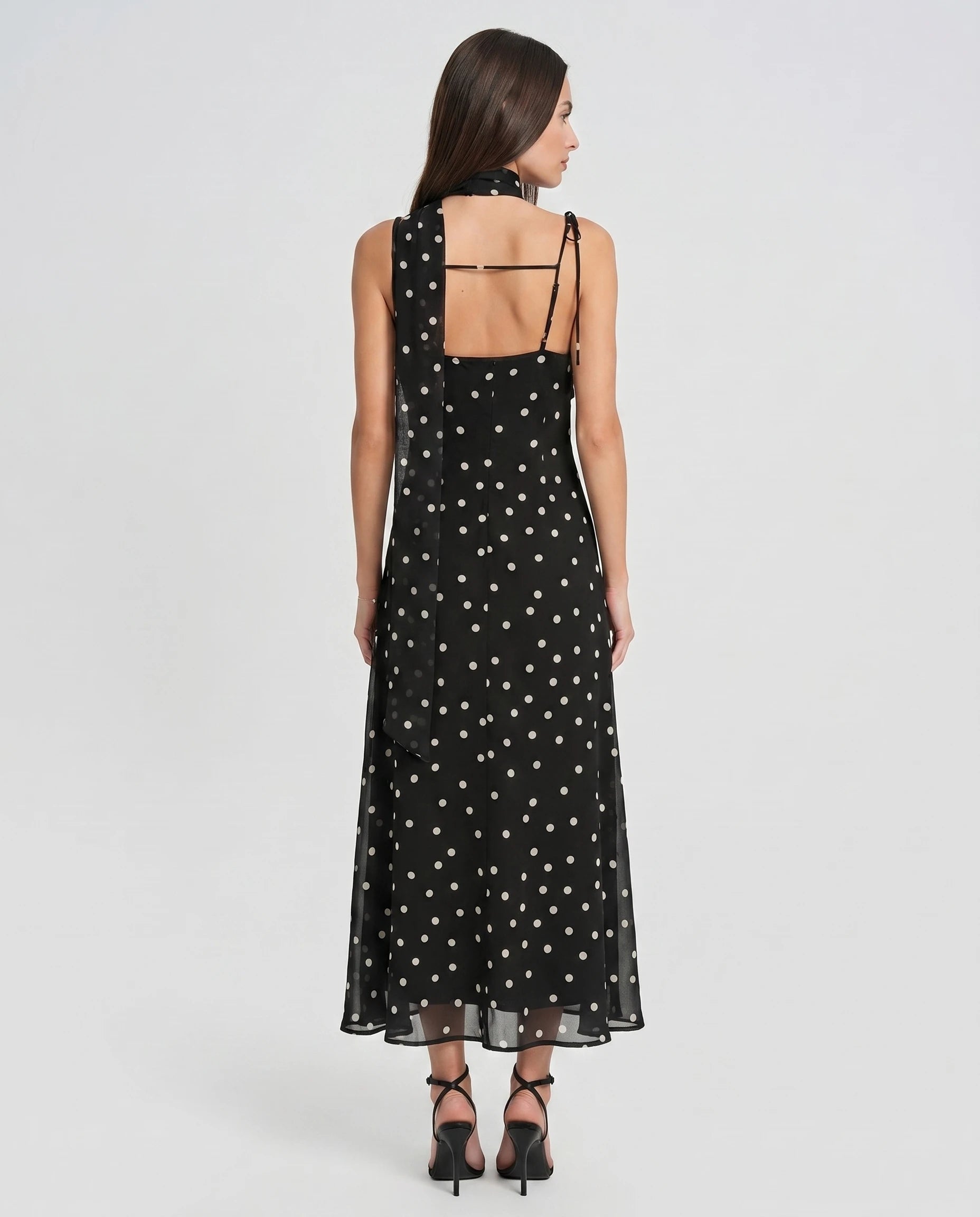 Robe longue noire a pois Leontine - chiffon vintage