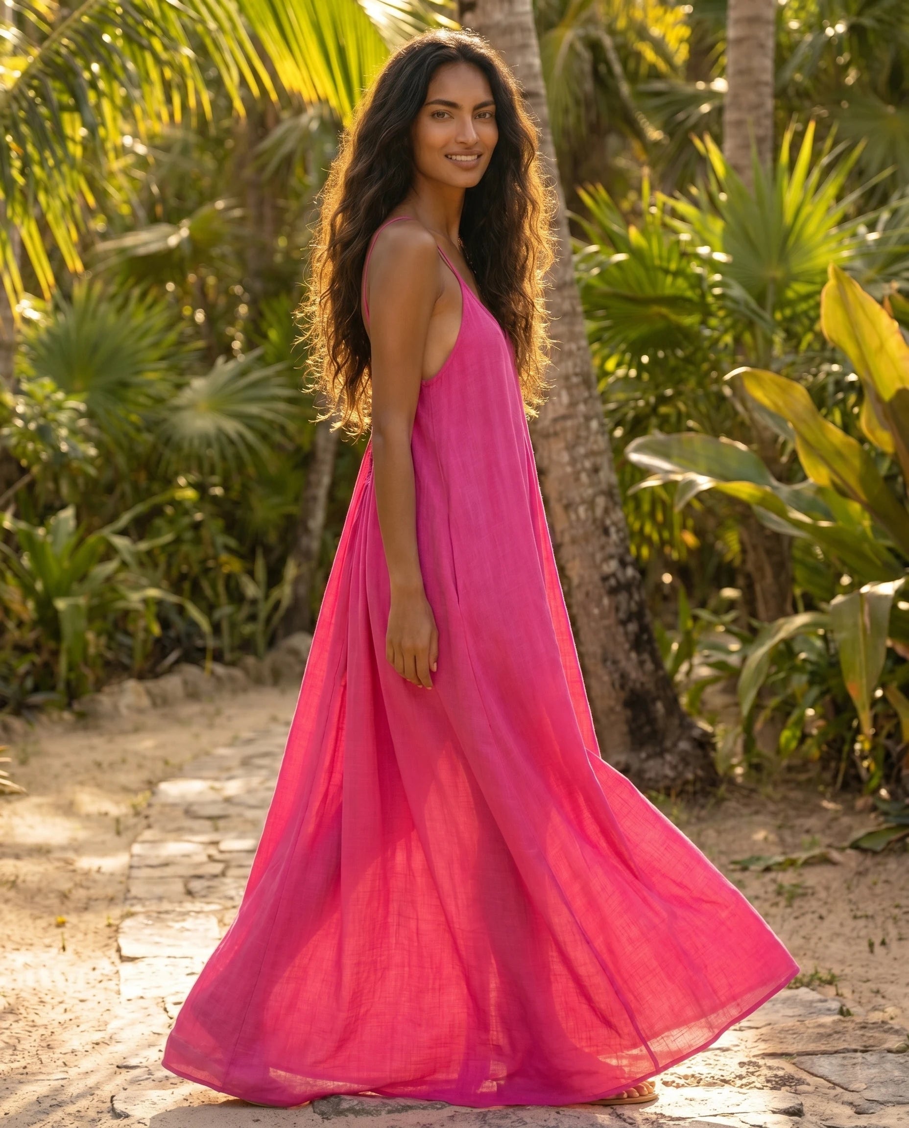 Robe longue trapèze dos nu fuchsia Zolena, lifestyle en marche
