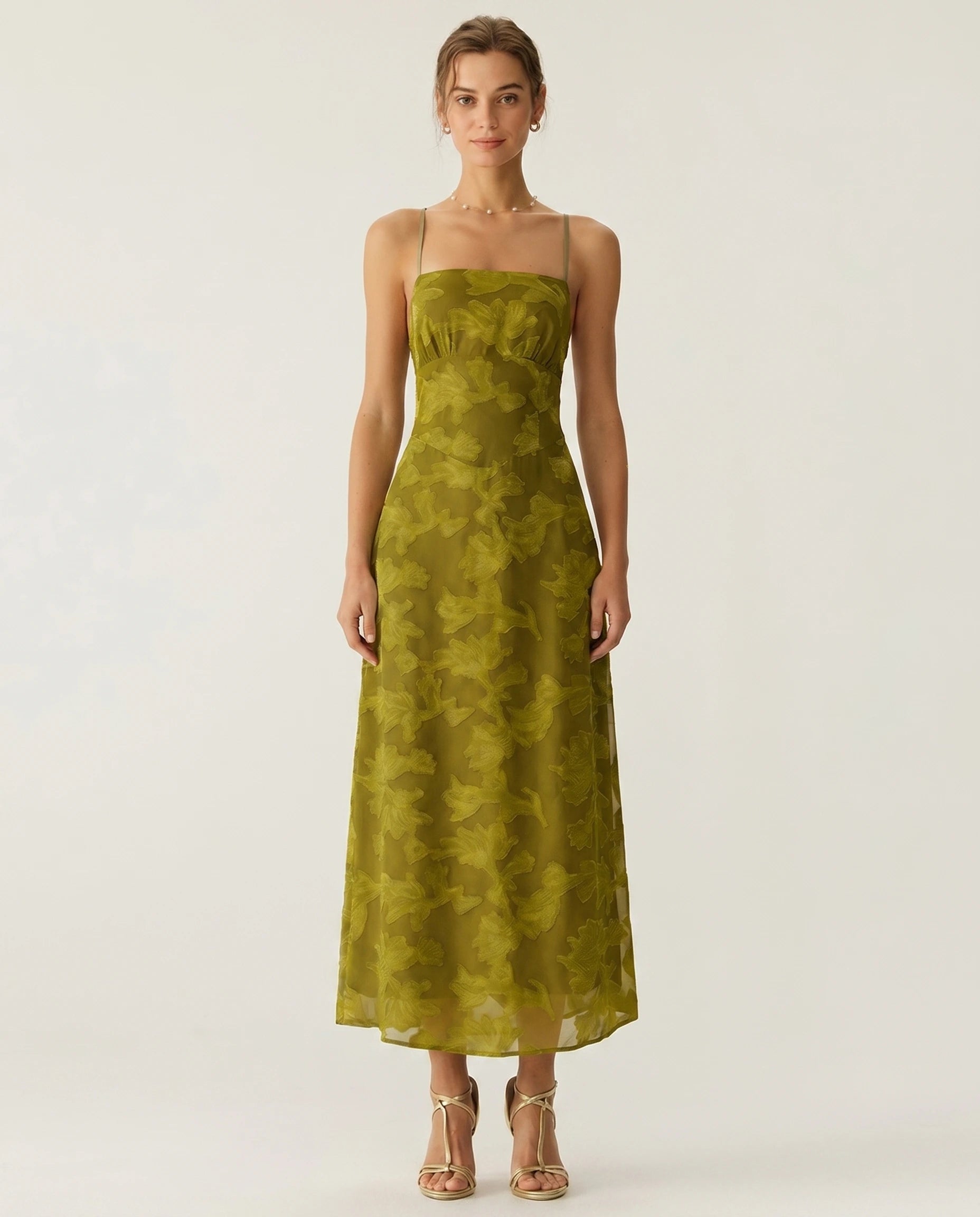 Robe longue vert olive jacquard fleuri Zolena, vue plein pied