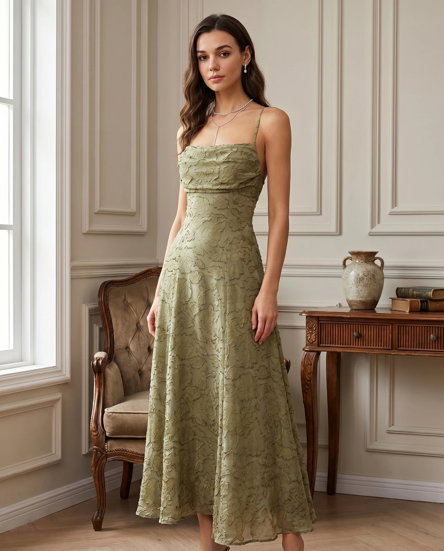 Robe longue jacquard Victoire vert sauge, vue trois-quarts