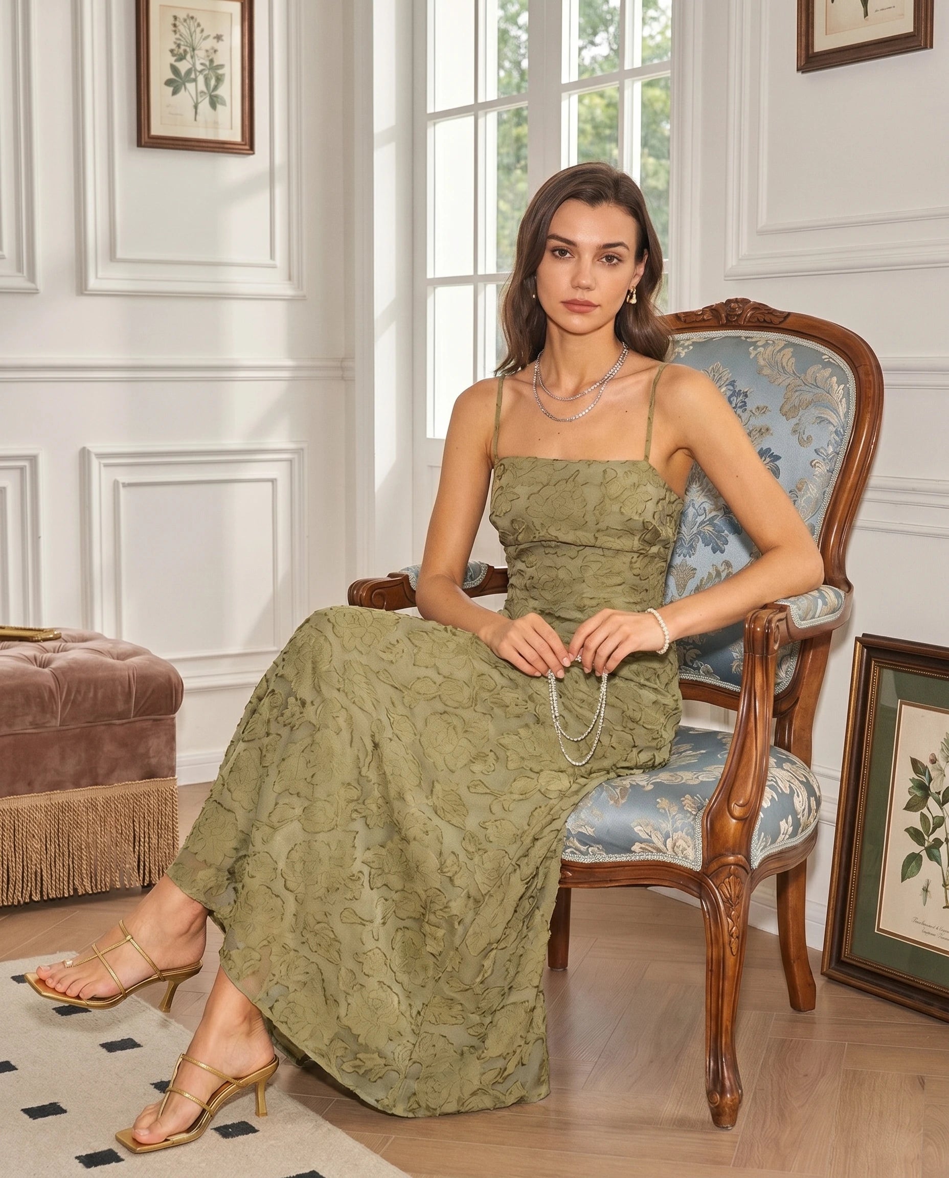 Robe longue jacquard Victoire vert sauge portee assise