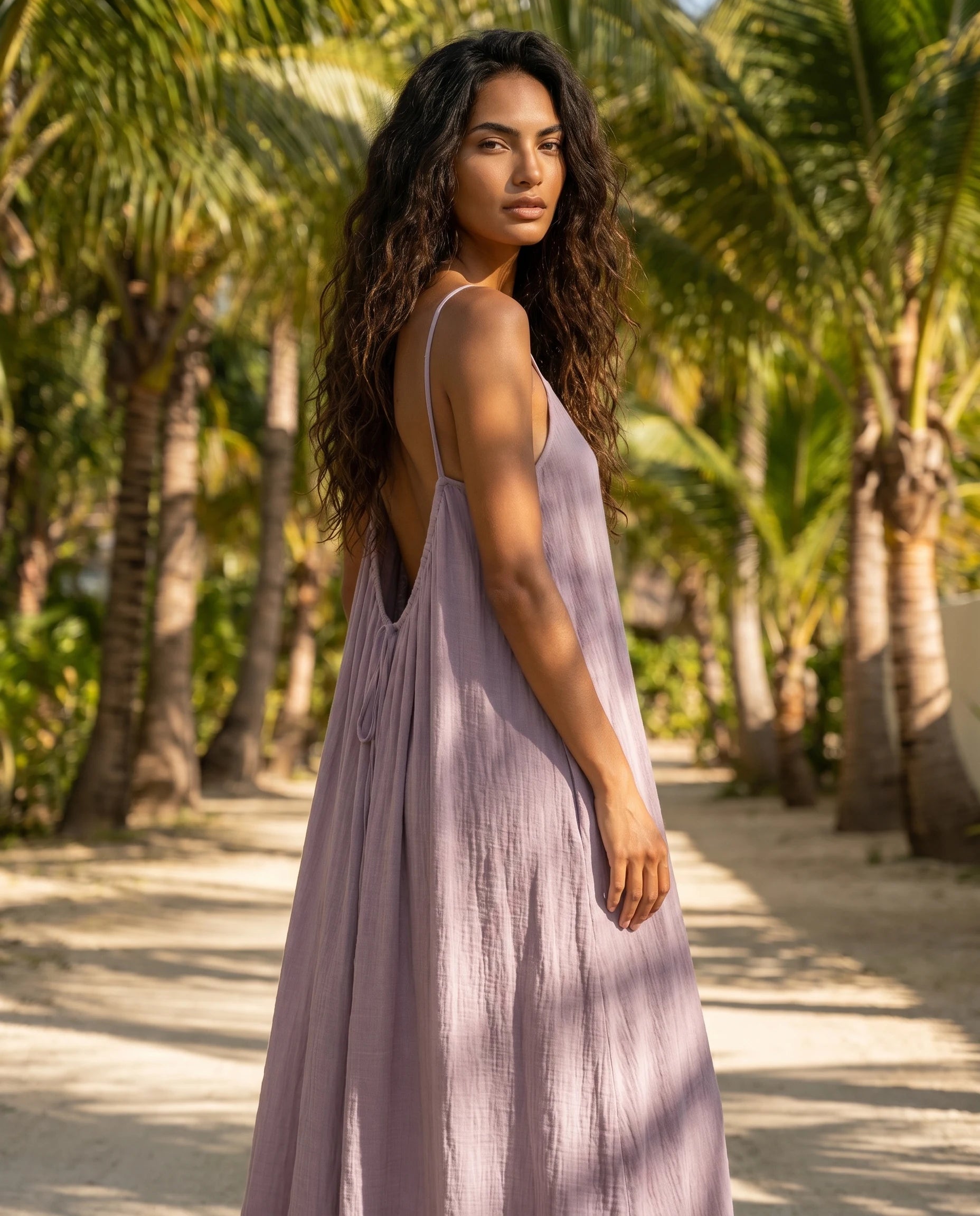 Robe longue trapèze dos nu mauve Zolena, vue de dos en allee tropicale