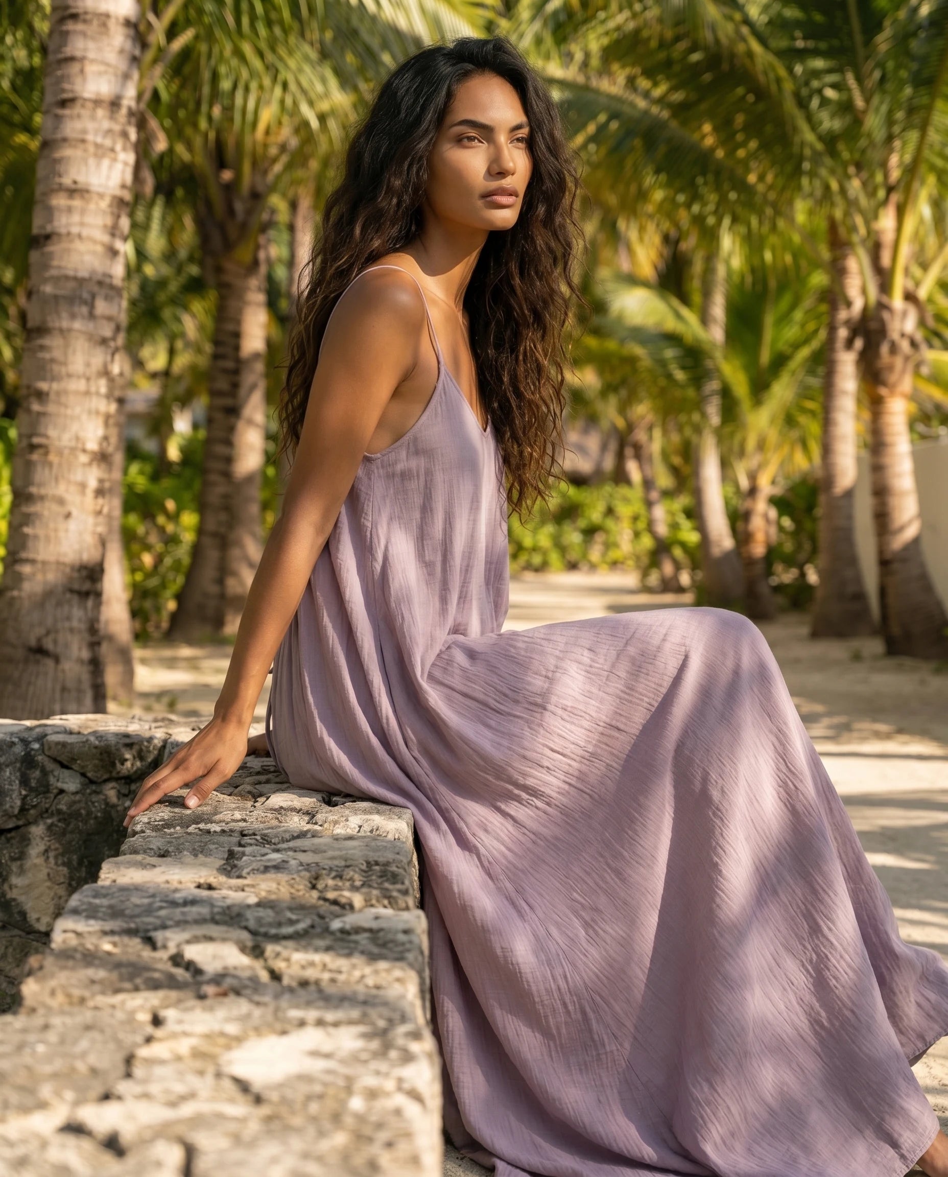 Robe longue trapèze dos nu mauve Zolena, lifestyle assise