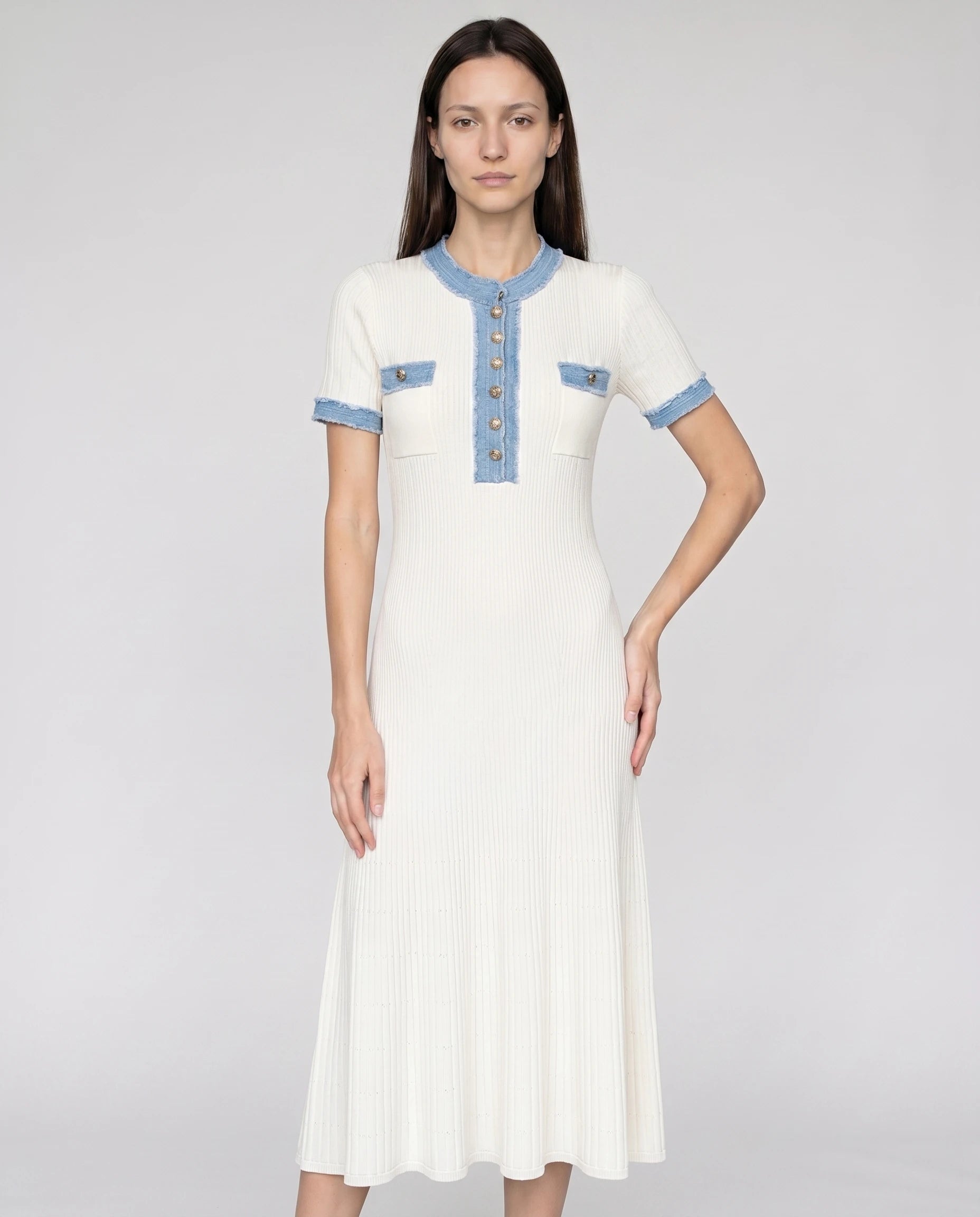 Robe midi en maille cotelee Odette - Blanc - vue de face