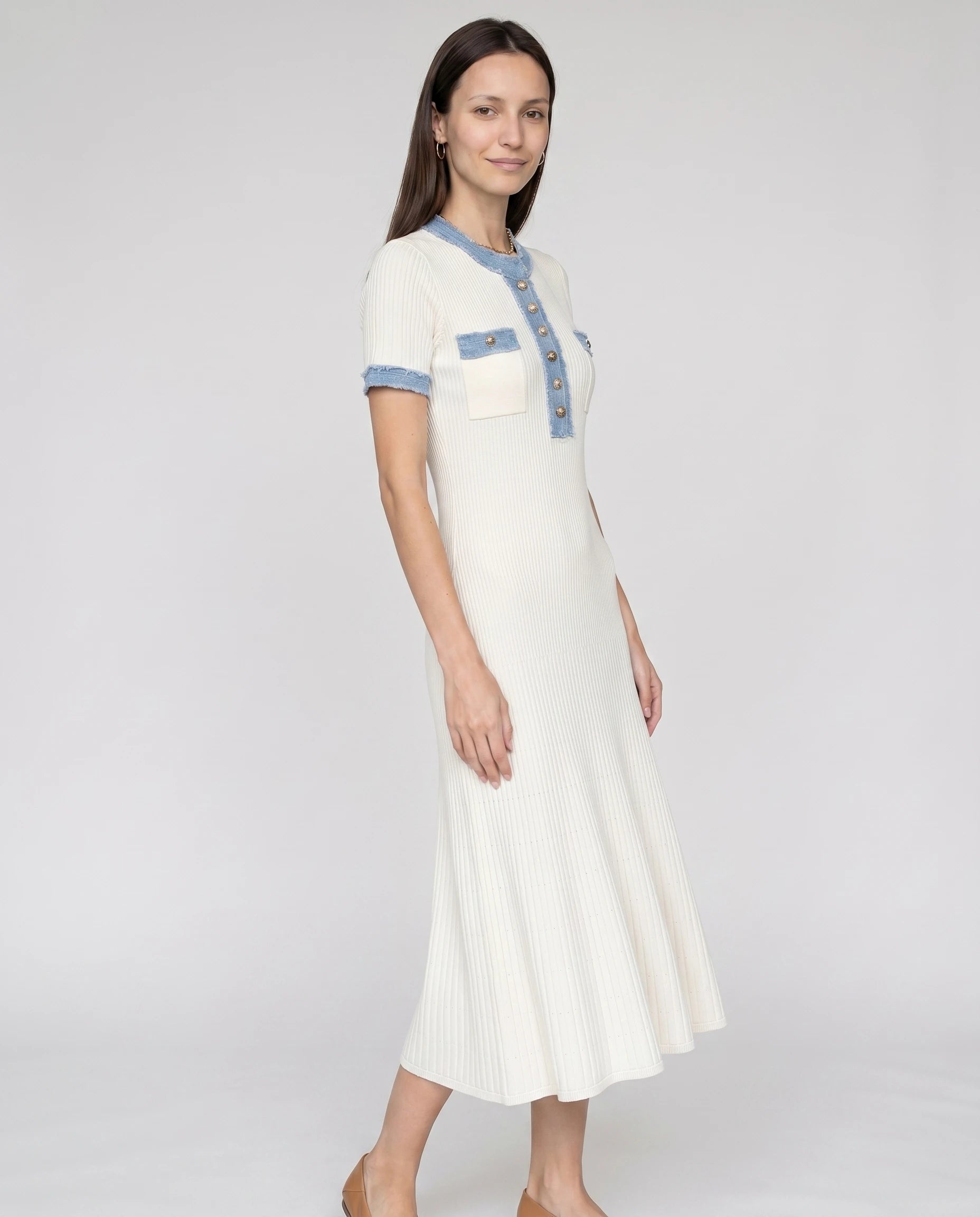 Robe midi en maille cotelee Odette - Blanc - vue trois-quarts
