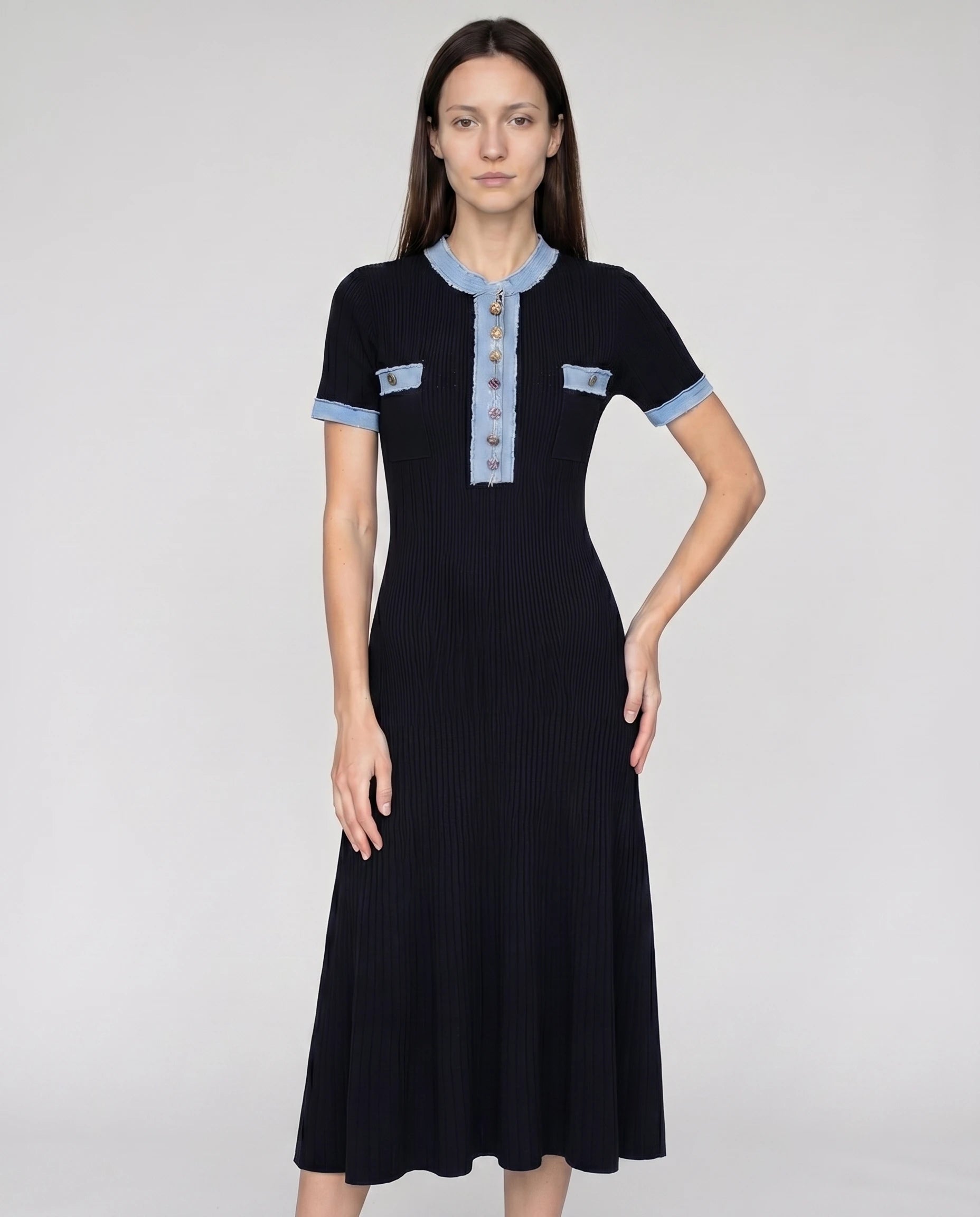 Robe midi en maille cotelee Odette - Bleu Marine - vue de face