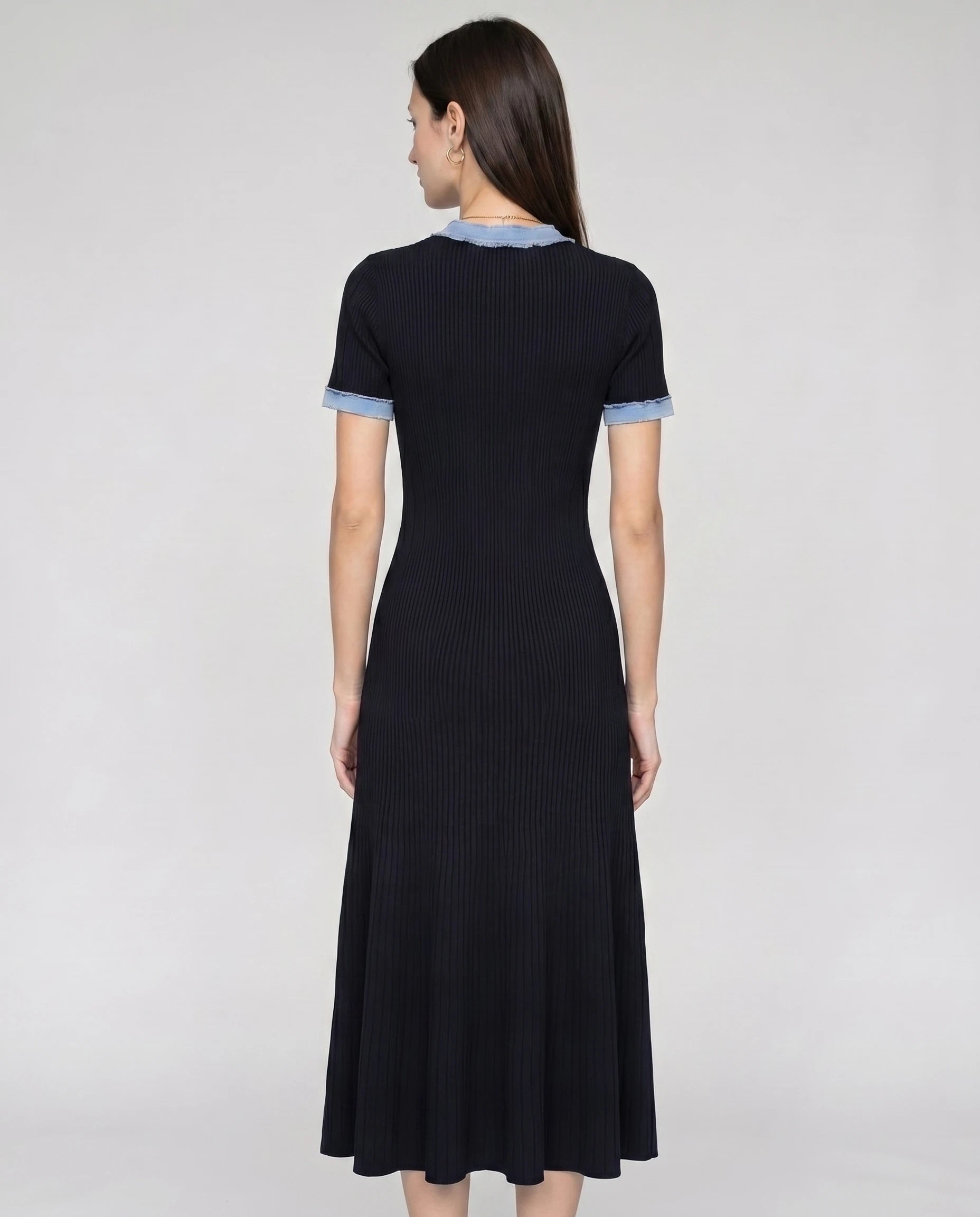 Robe midi en maille cotelee Odette - Bleu Marine - vue de dos