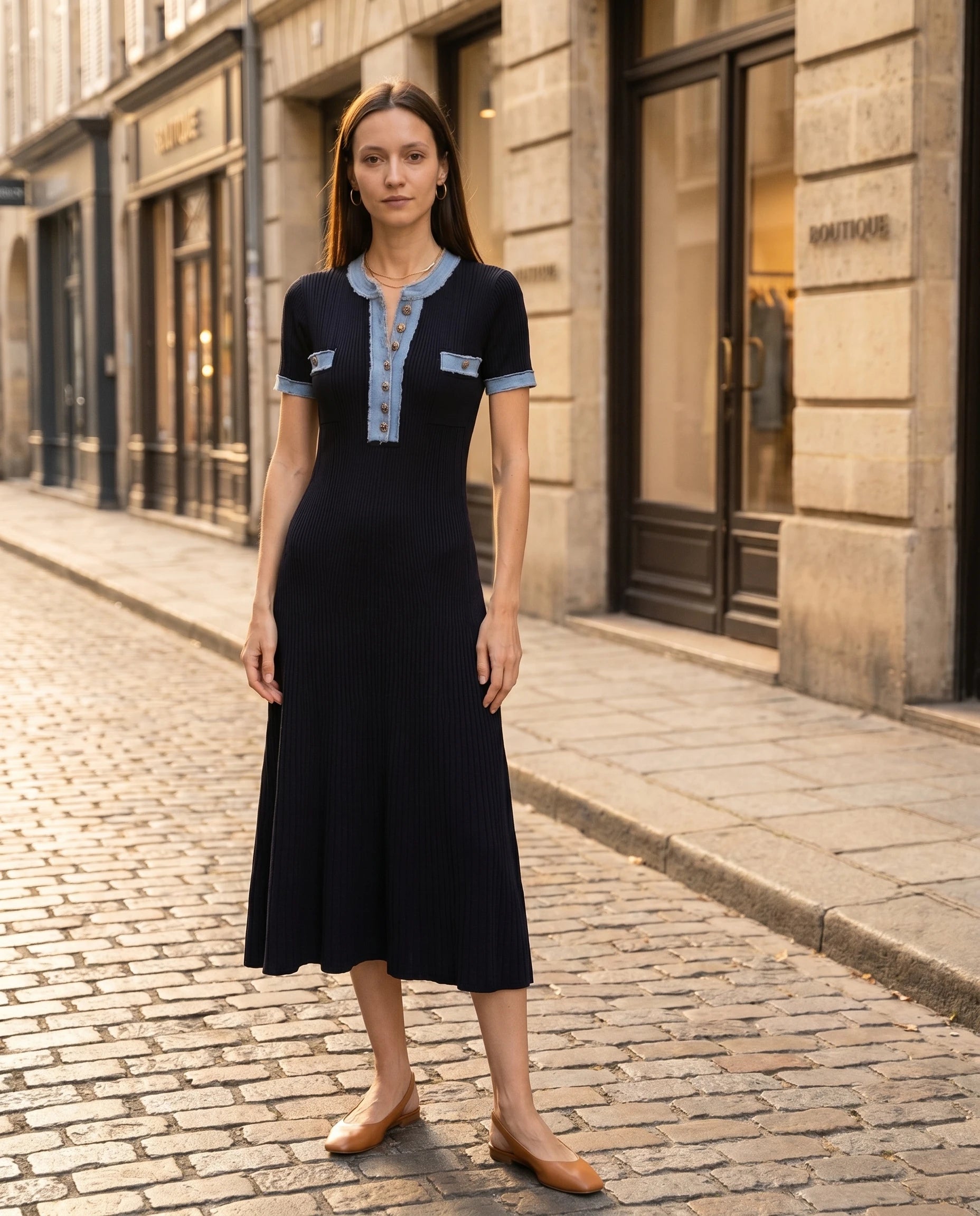 Robe midi en maille cotelee Odette - Bleu Marine - en situation
