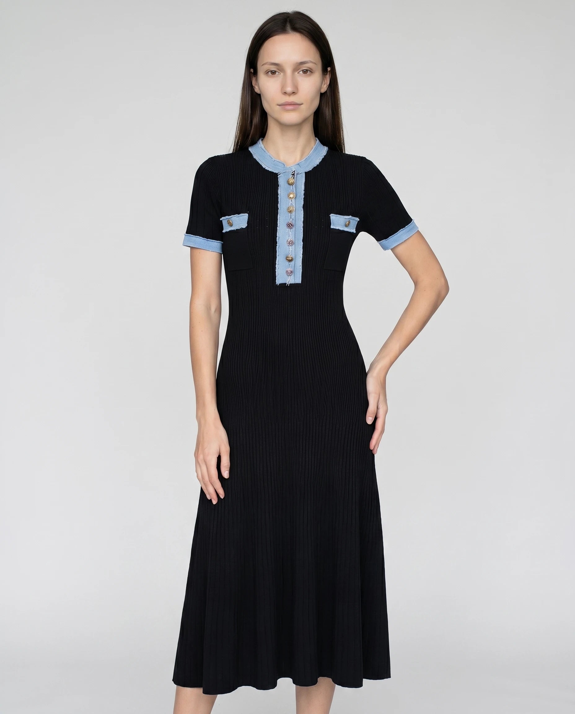 Robe midi en maille cotelee Odette - Noir - vue de face