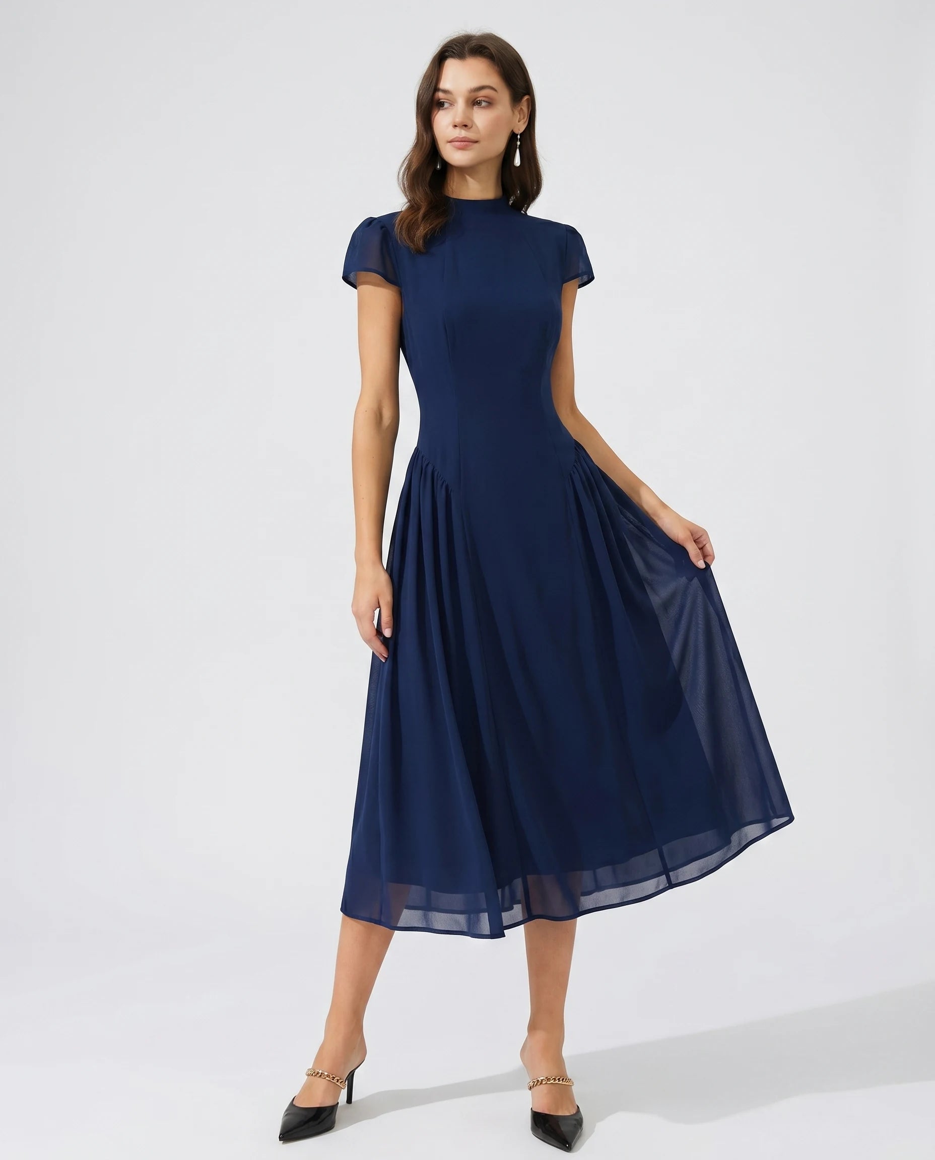 Robe midi col cheminée bleu marine Zolena, vue de face
