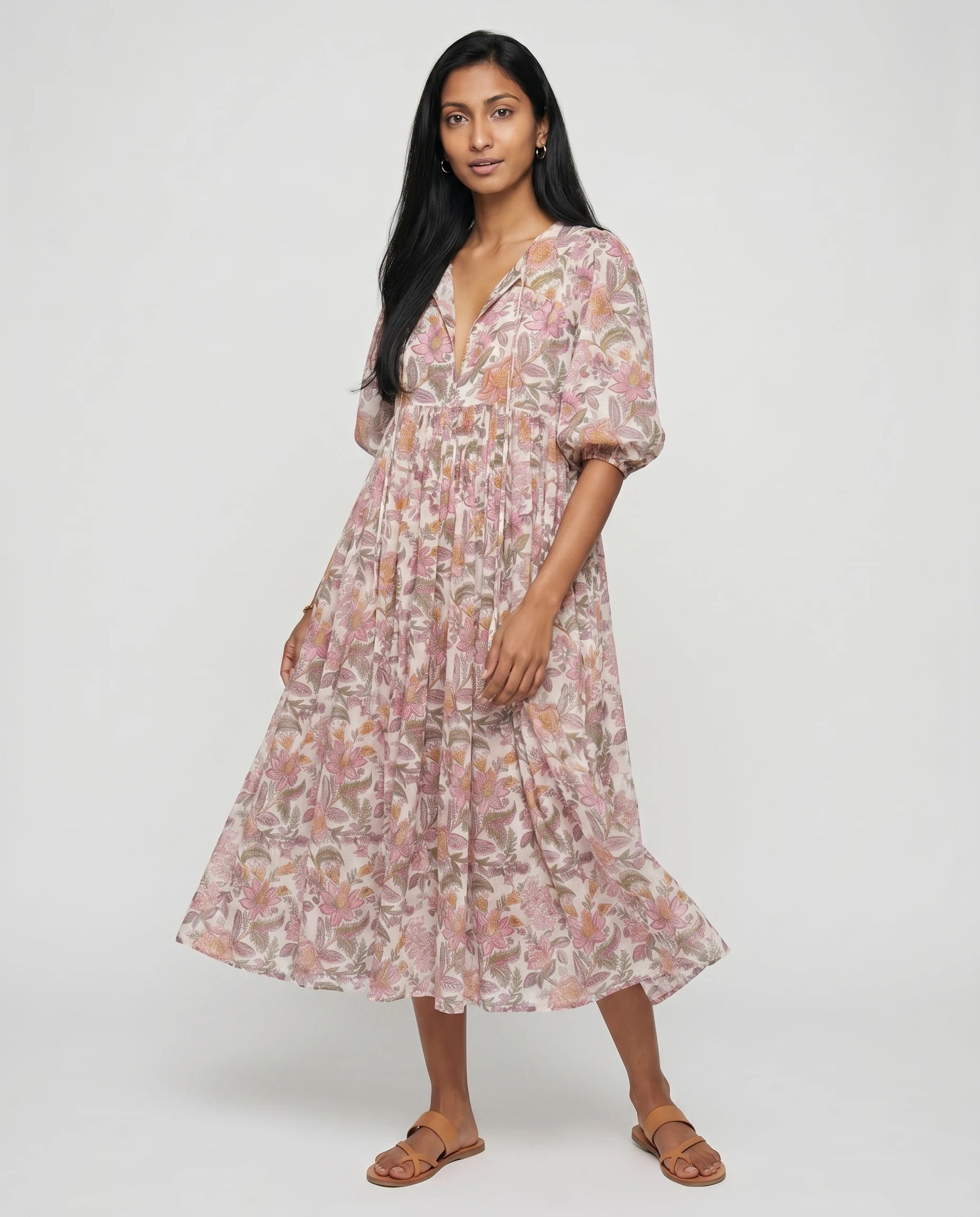 Robe midi fleurie en coton — Jacinthe - Fuchsia