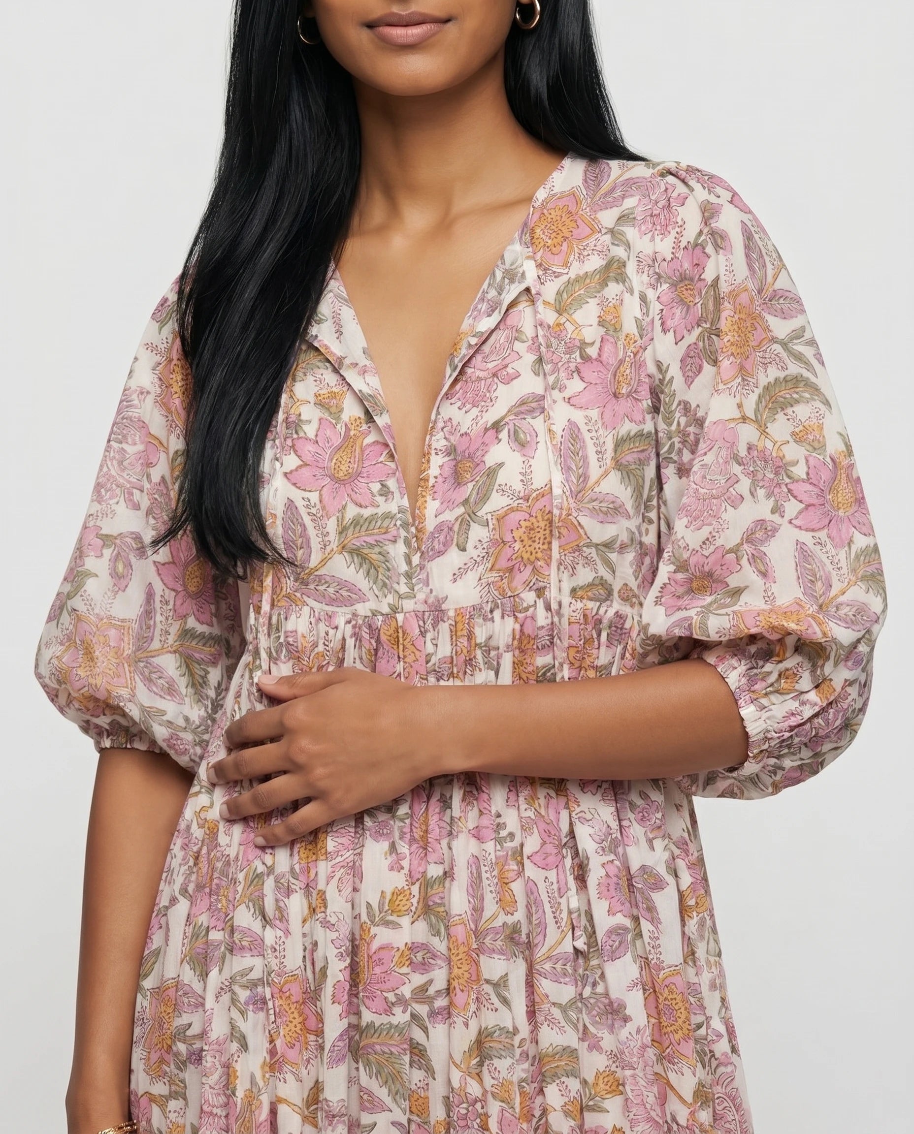 Robe midi fleurie en coton — Jacinthe - Fuchsia